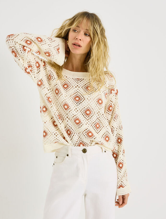 Pull crochet bicolore &agrave; col rond femme