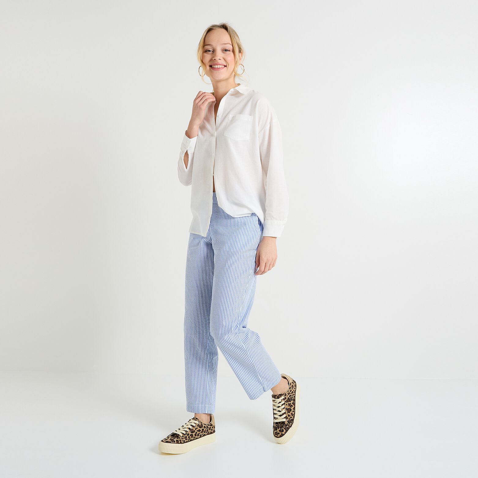 Pantalon rayé en seersucker femme