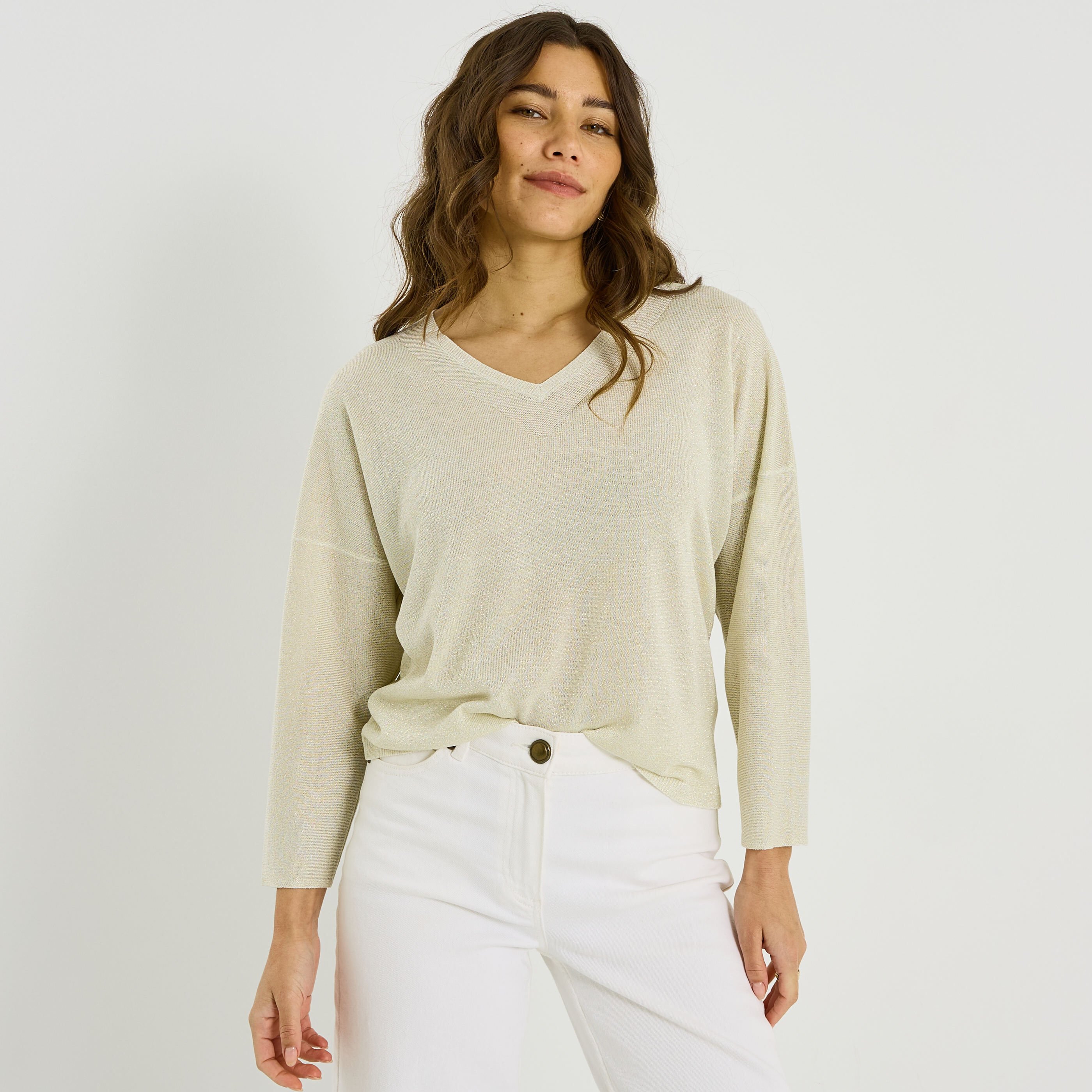 Pull brillant &agrave; col V femme