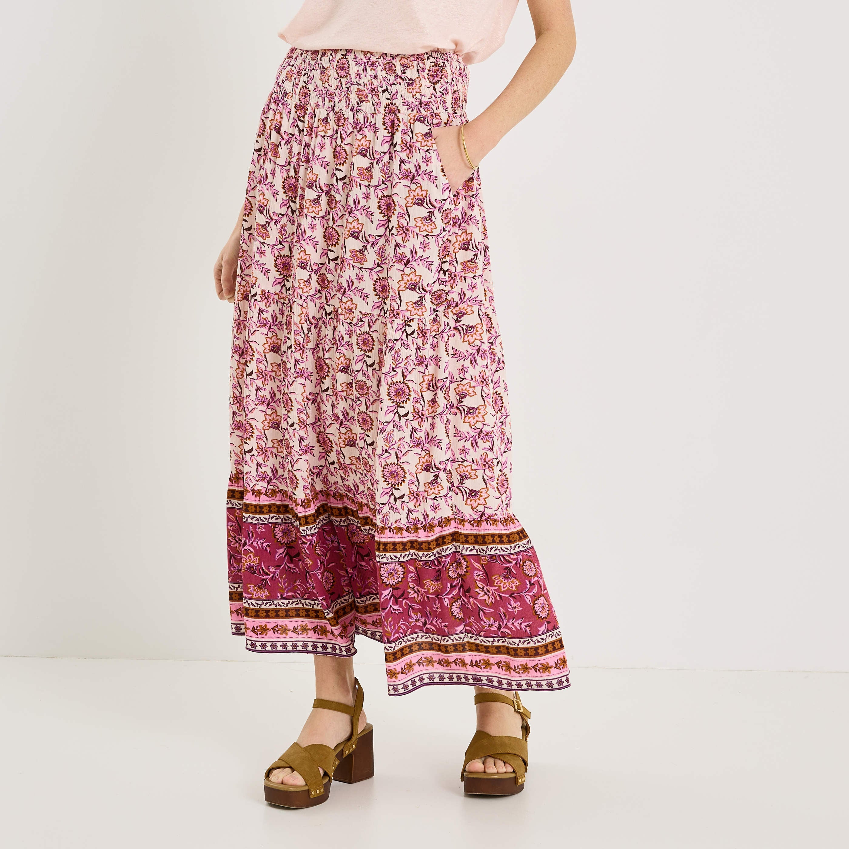 Jupe longue fluide imprim&eacute; floral