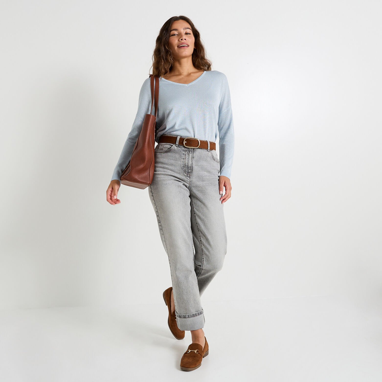 Pull brillant à col V femme