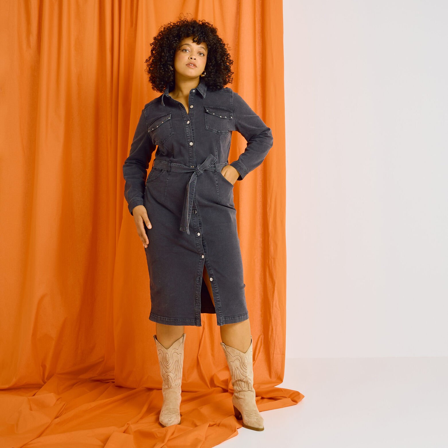 Robe chemise mi-longue en denim DARK GREY Graindemalice