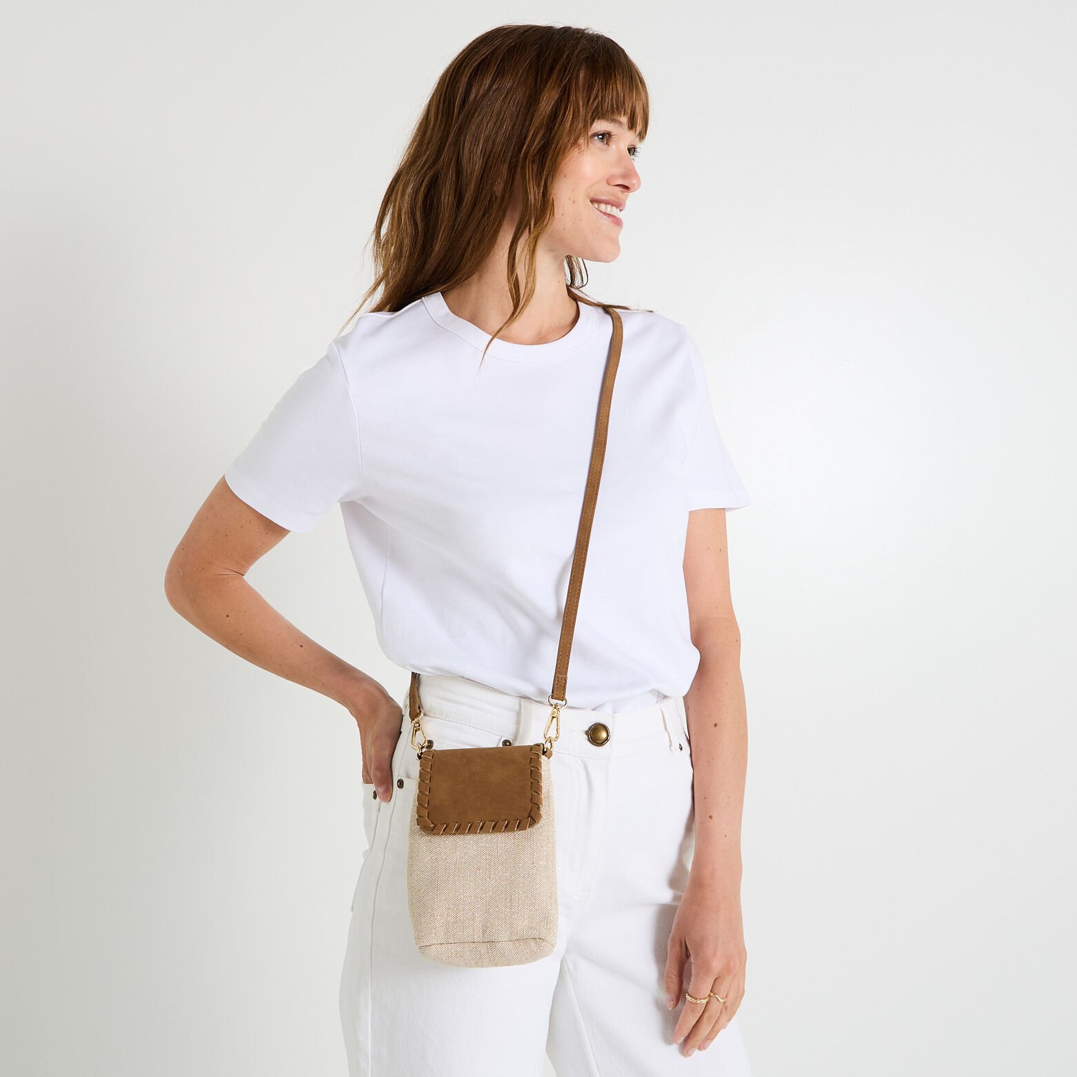 Pochette téléphone bi-matière femme