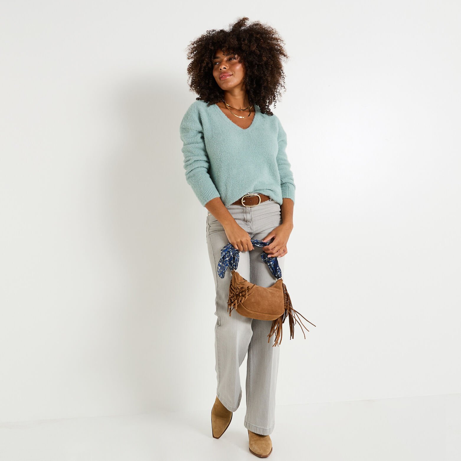 Pull fluffy à col V femme