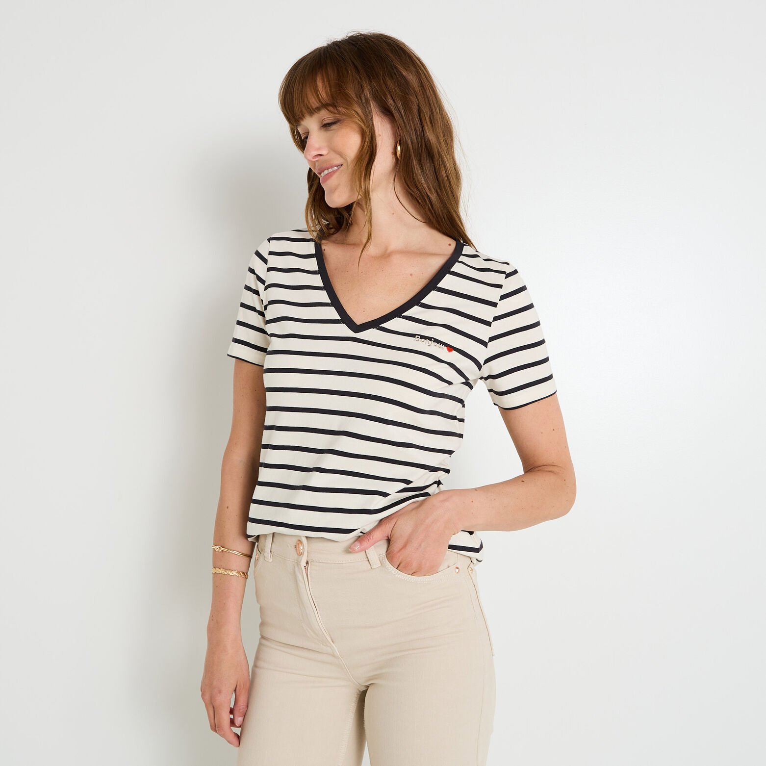 T-shirt rayé col V femme