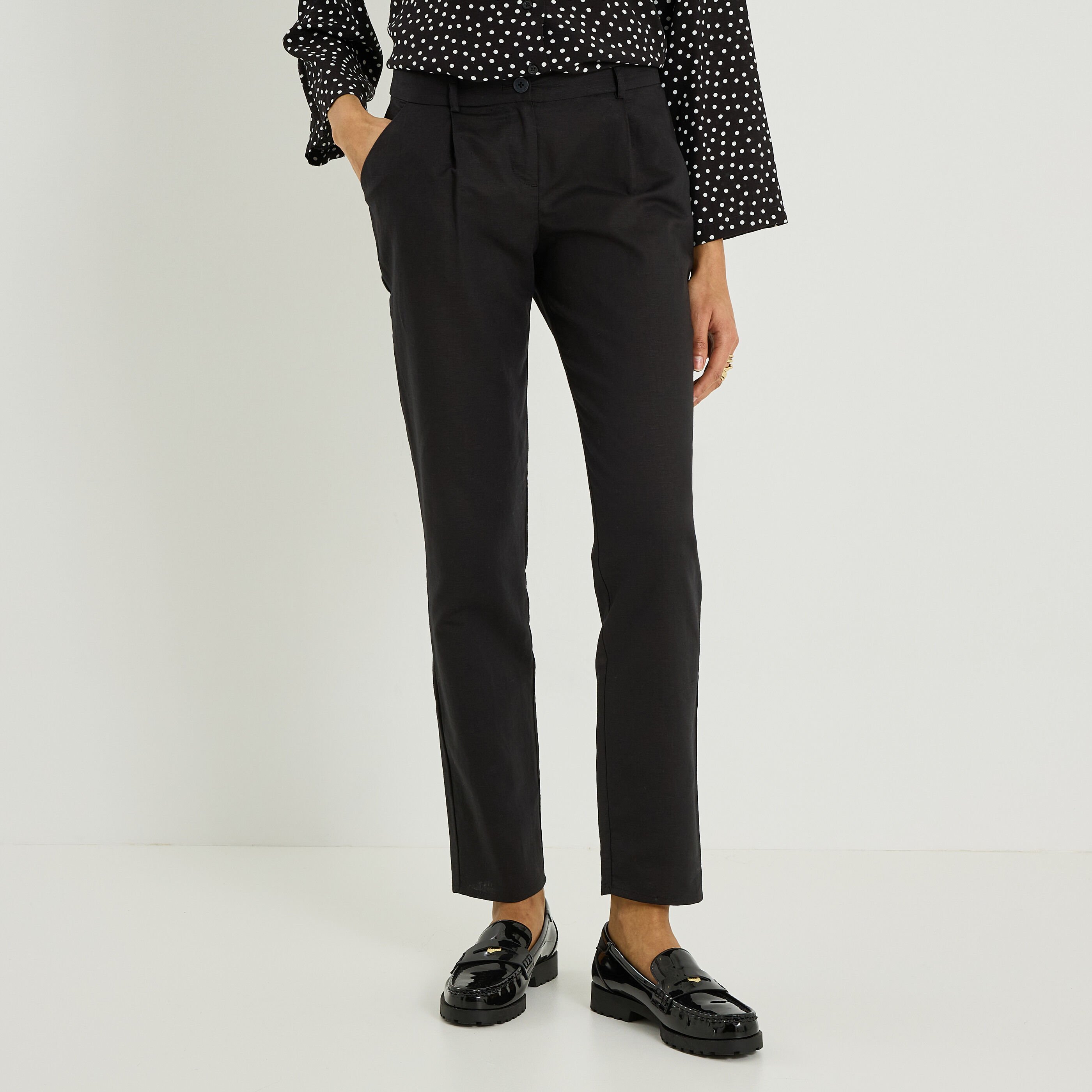 Pantalon &agrave; plis en lin m&eacute;lang&eacute; femme