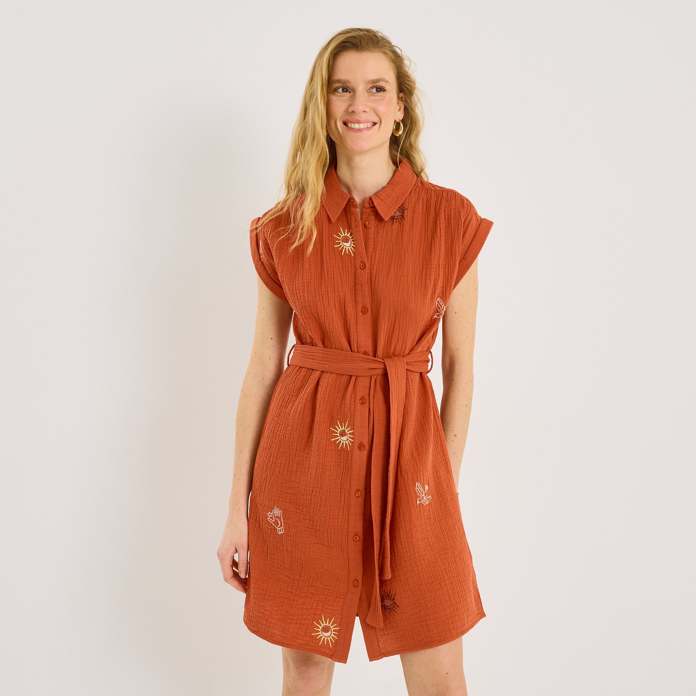 Robe-chemise courte en gaze de coton