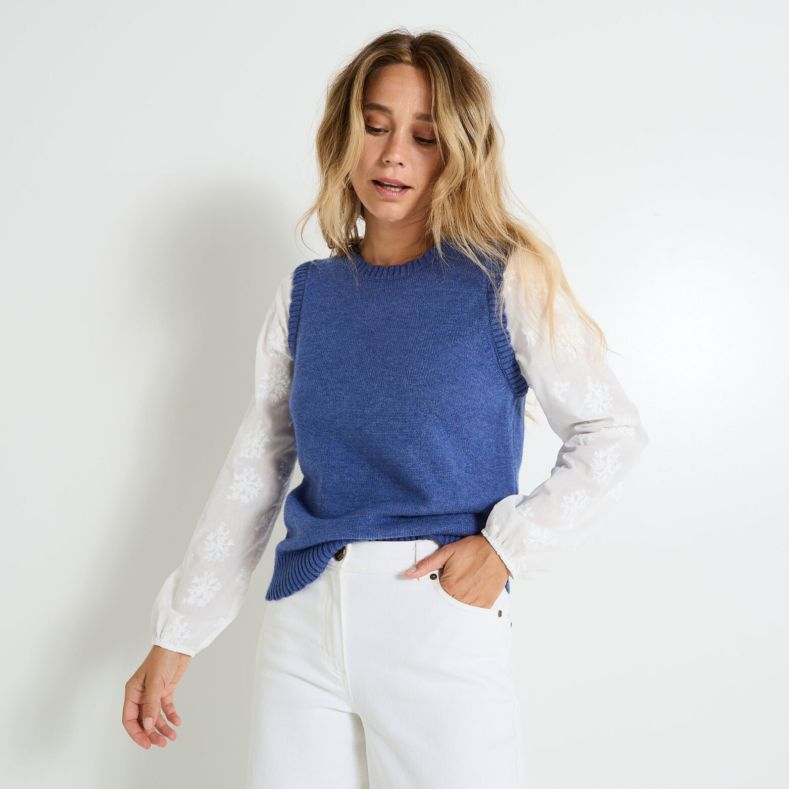 Pull bi matière col rond femme