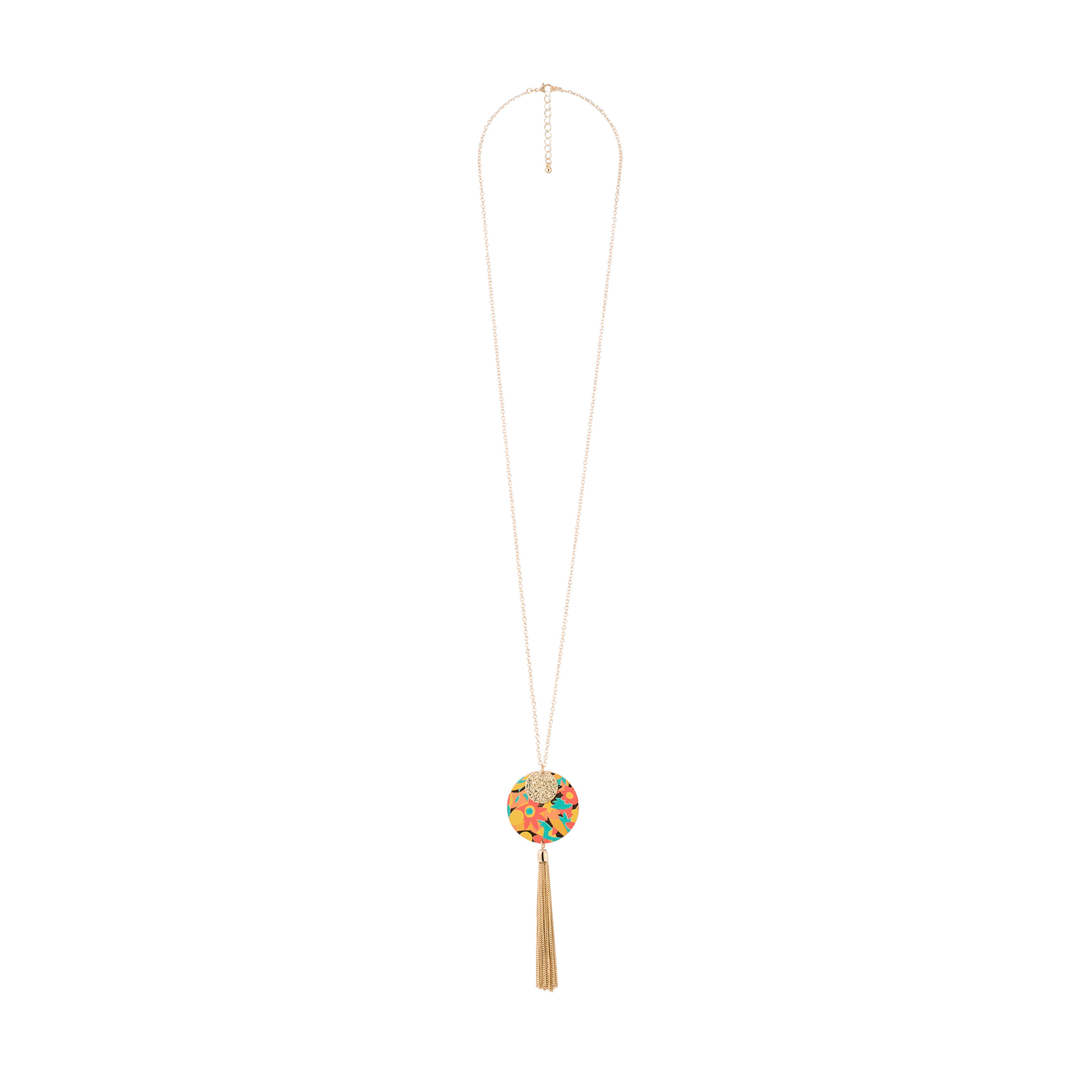 Collier disque imprim&eacute; avec pompon femme