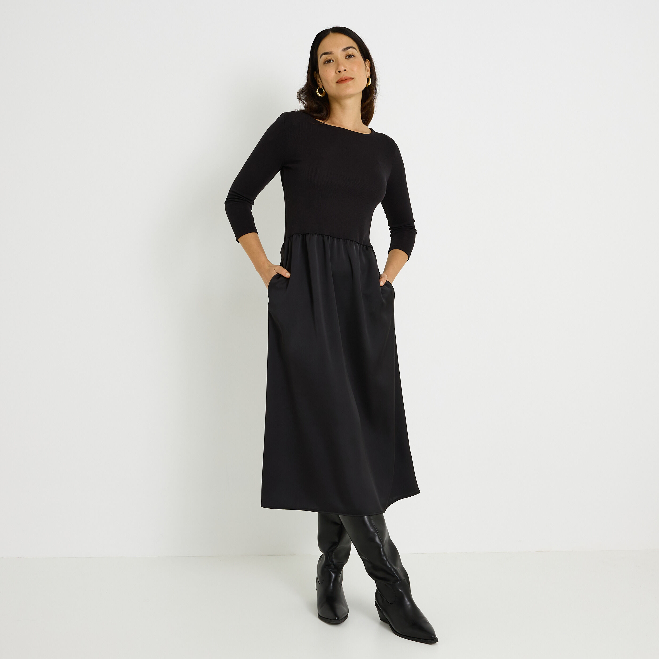 Robe longue bi-mati&egrave;re femme