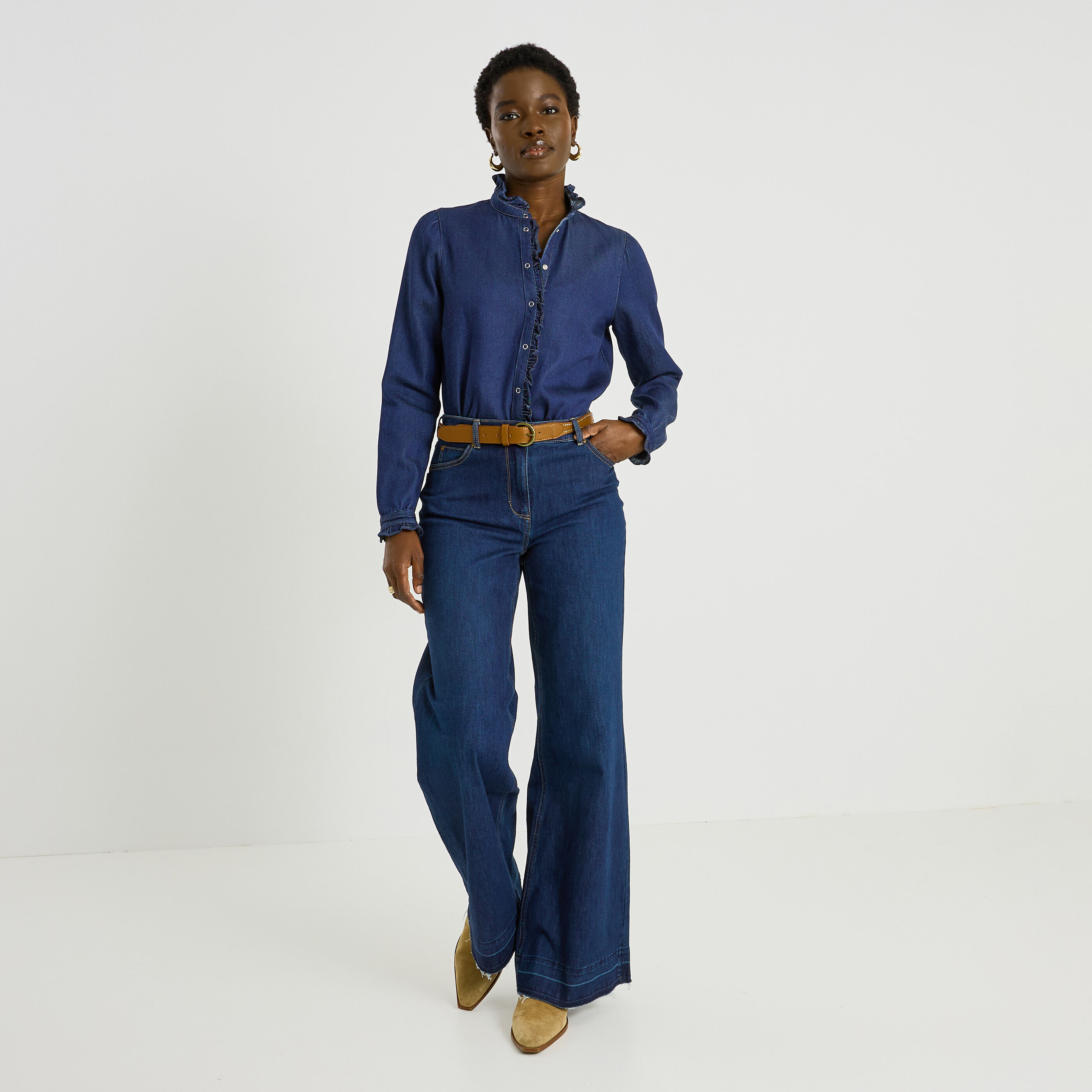 Chemise en denim &agrave; volants femme