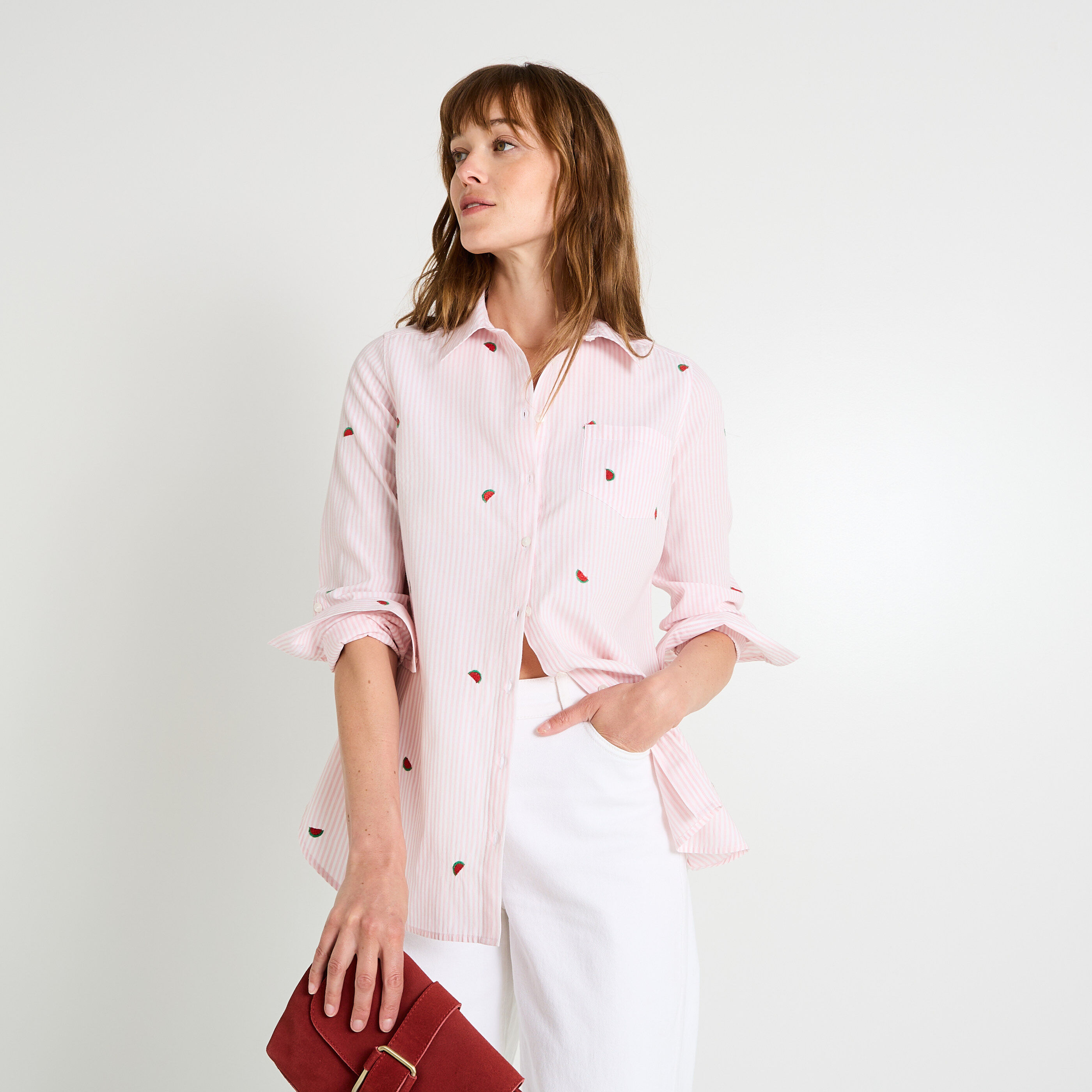 Chemise ray&eacute;e brod&eacute;e femme