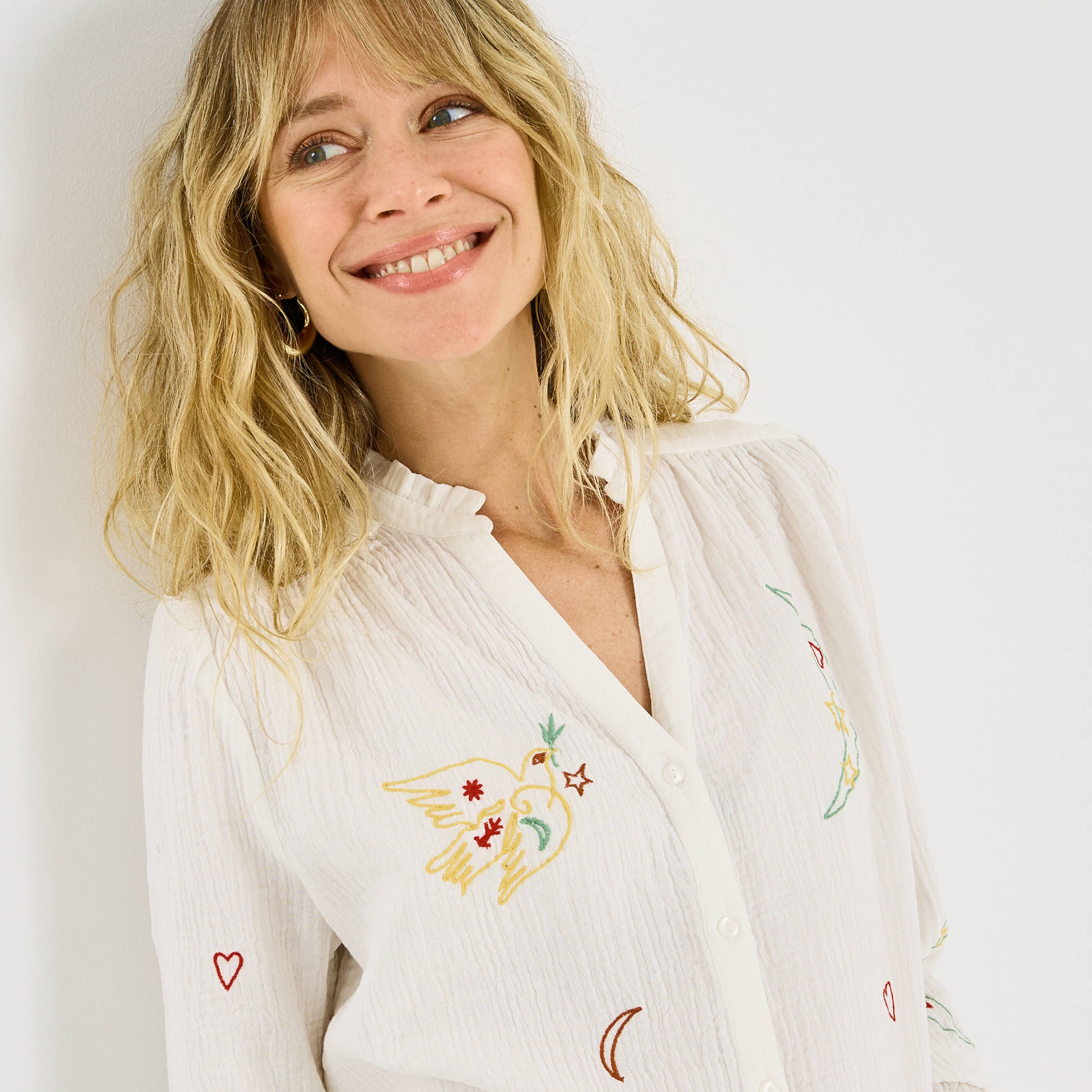 Chemise brod&eacute;e en gaze de coton femme