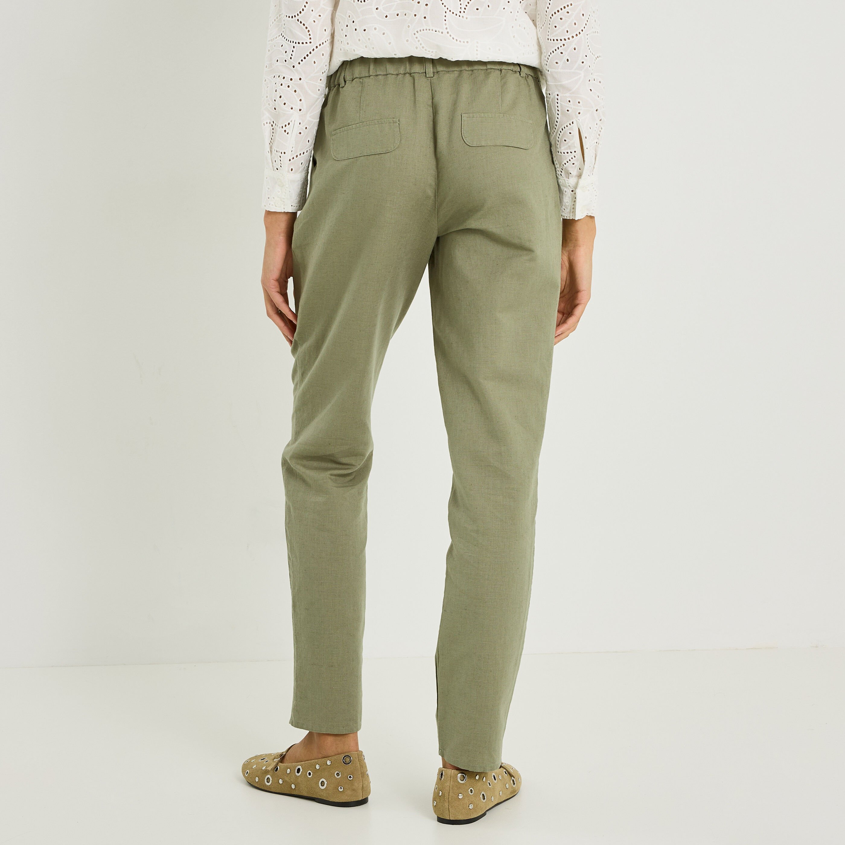 Pantalon &agrave; plis en lin m&eacute;lang&eacute; femme
