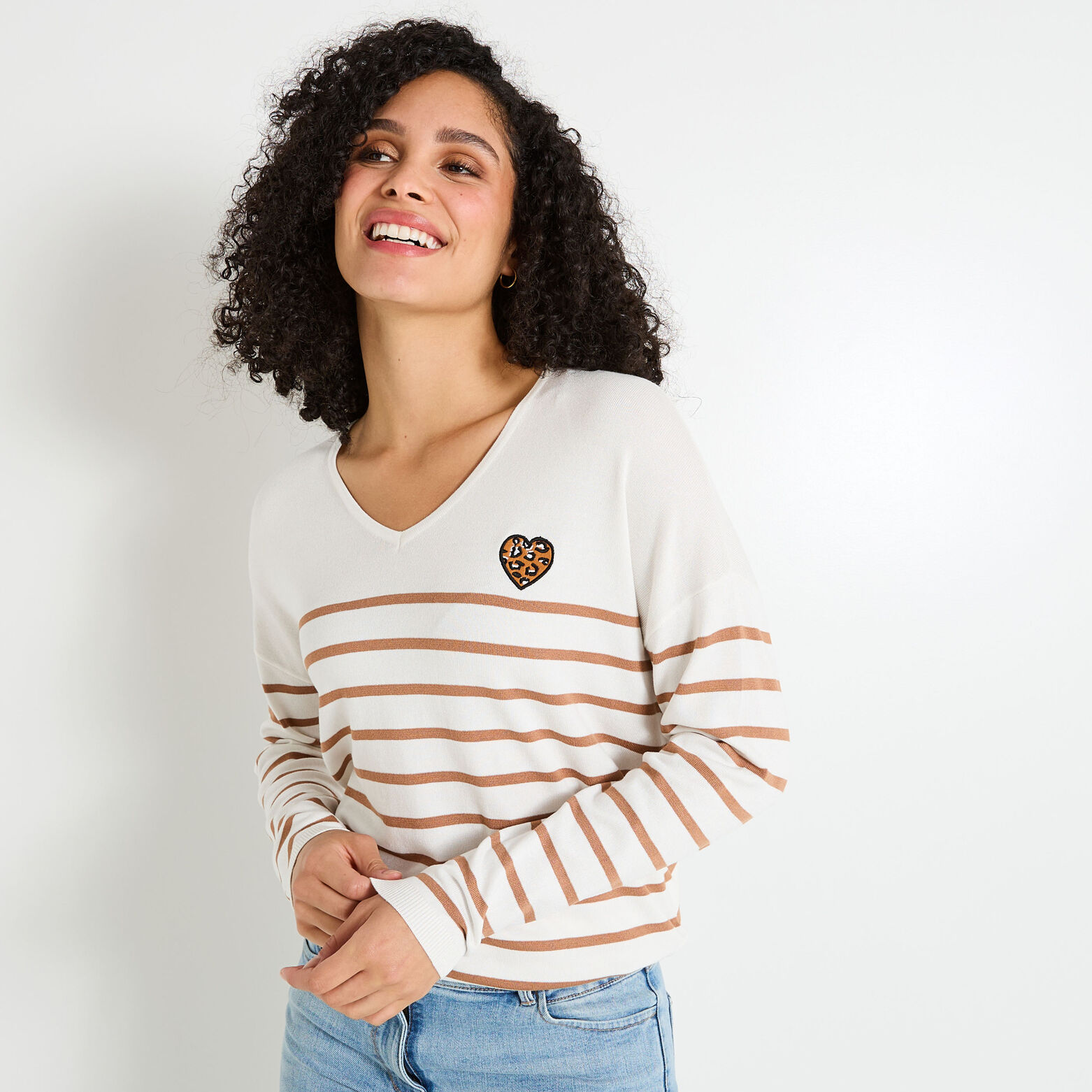 Pull rayé à col V femme