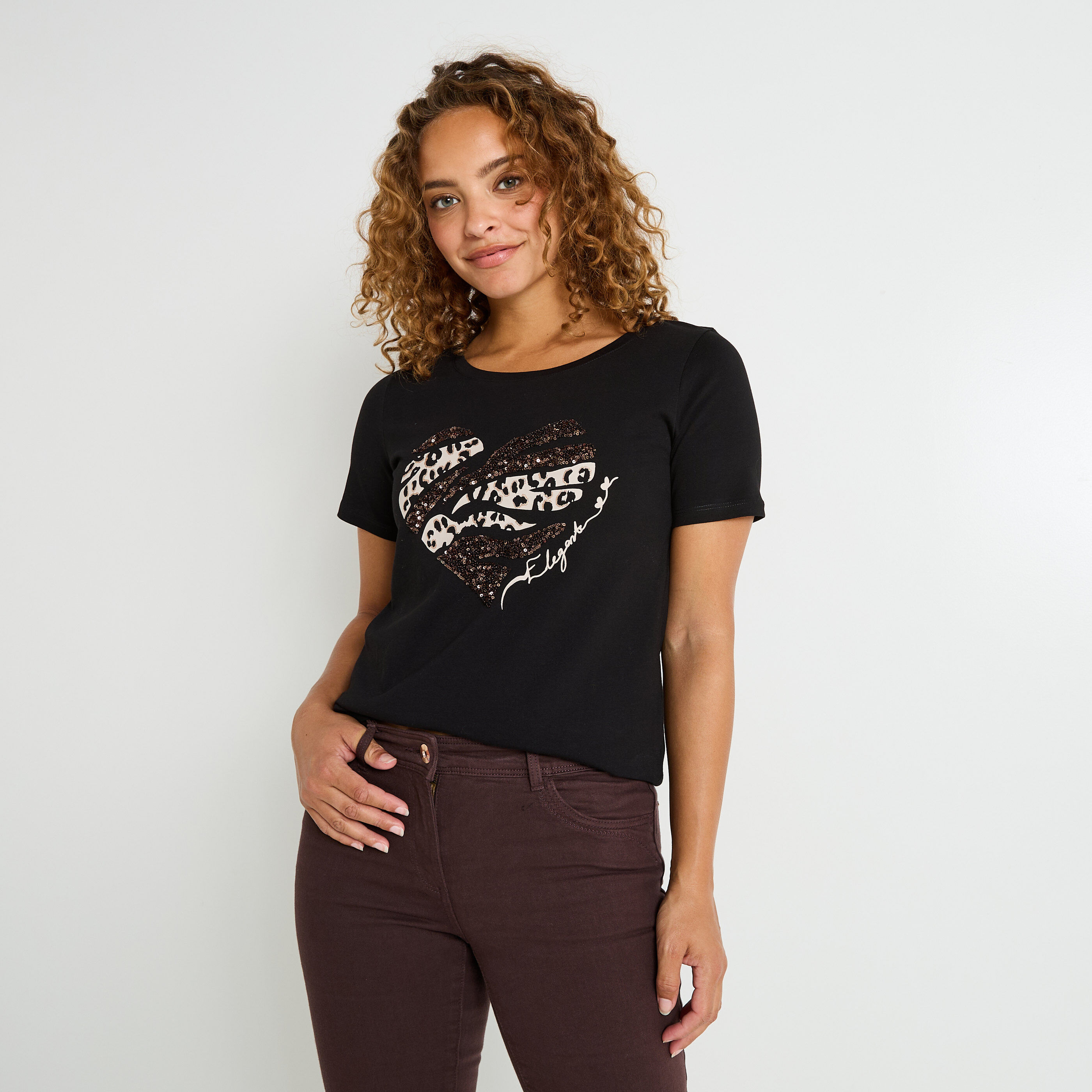 T-shirt c&oelig;ur imprim&eacute; l&eacute;opard femme