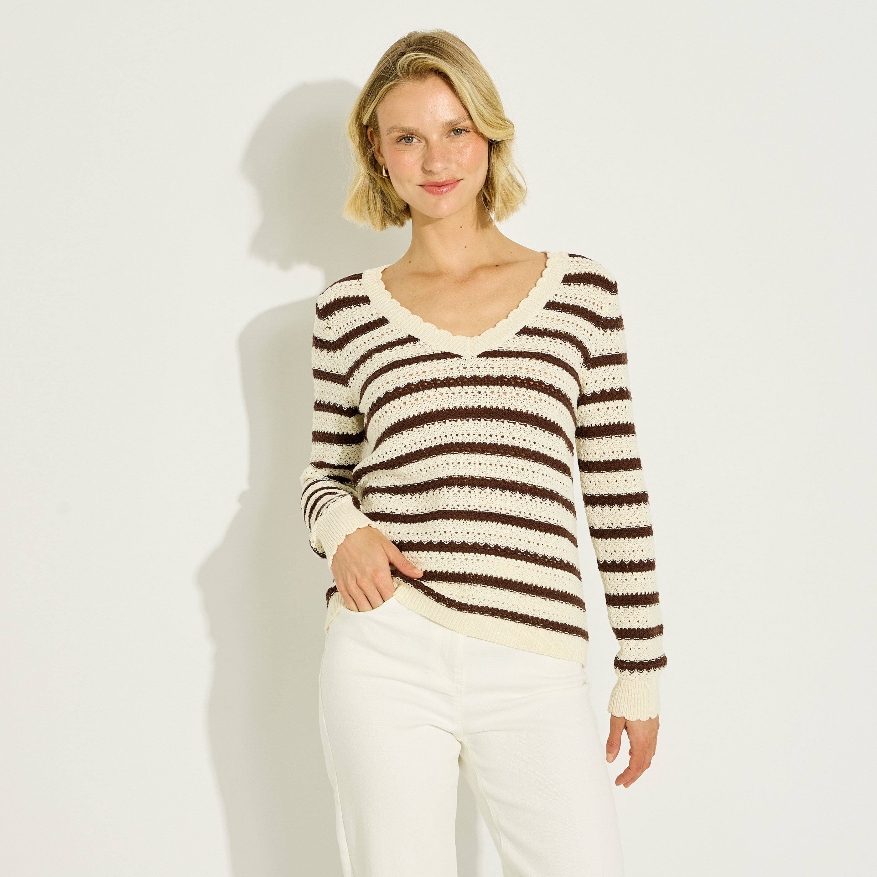 Pull ray&eacute; en maille ajour&eacute;e femme