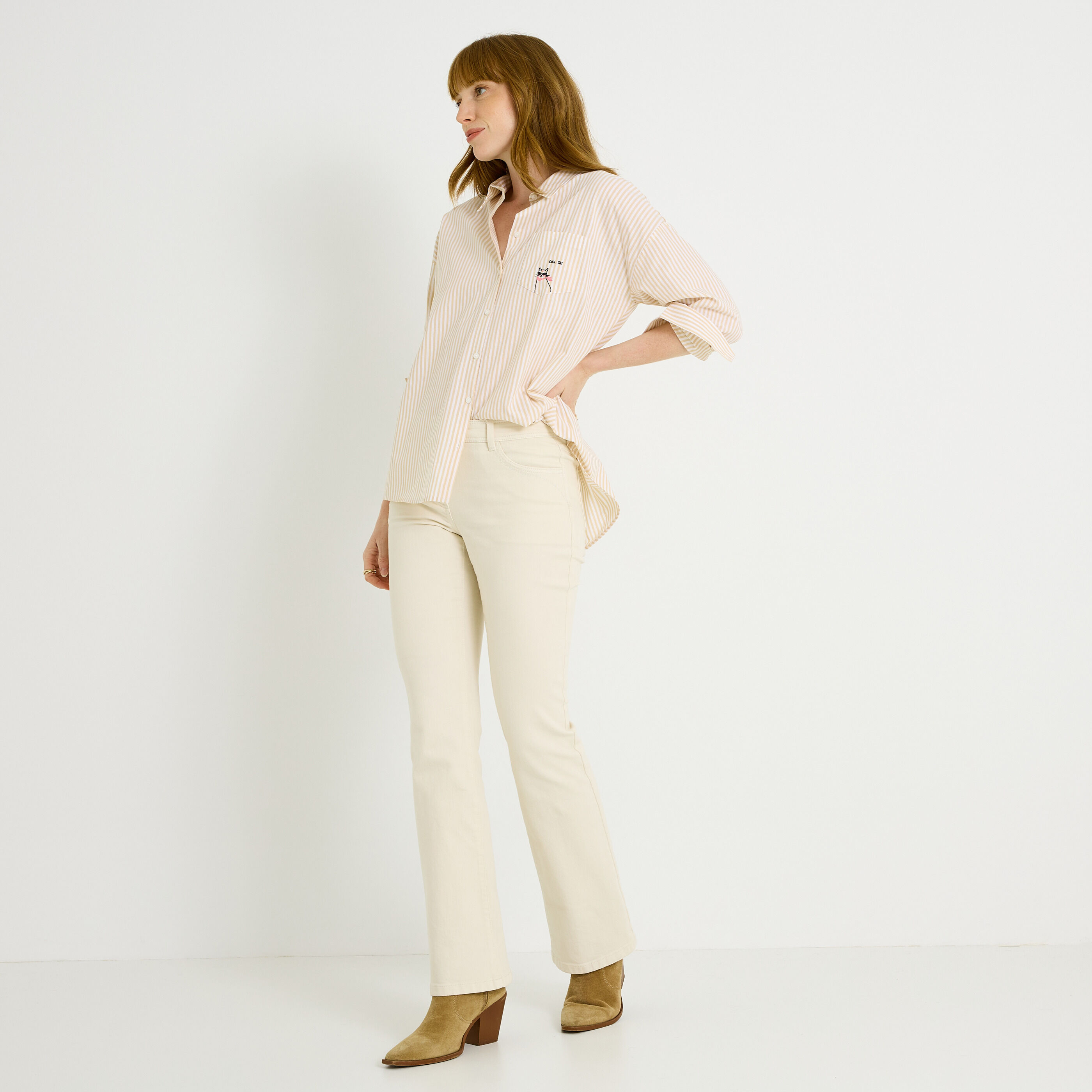 Chemisier ray&eacute;e brod&eacute;e chat femme