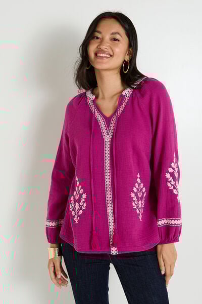 Blouse col V brodée femme