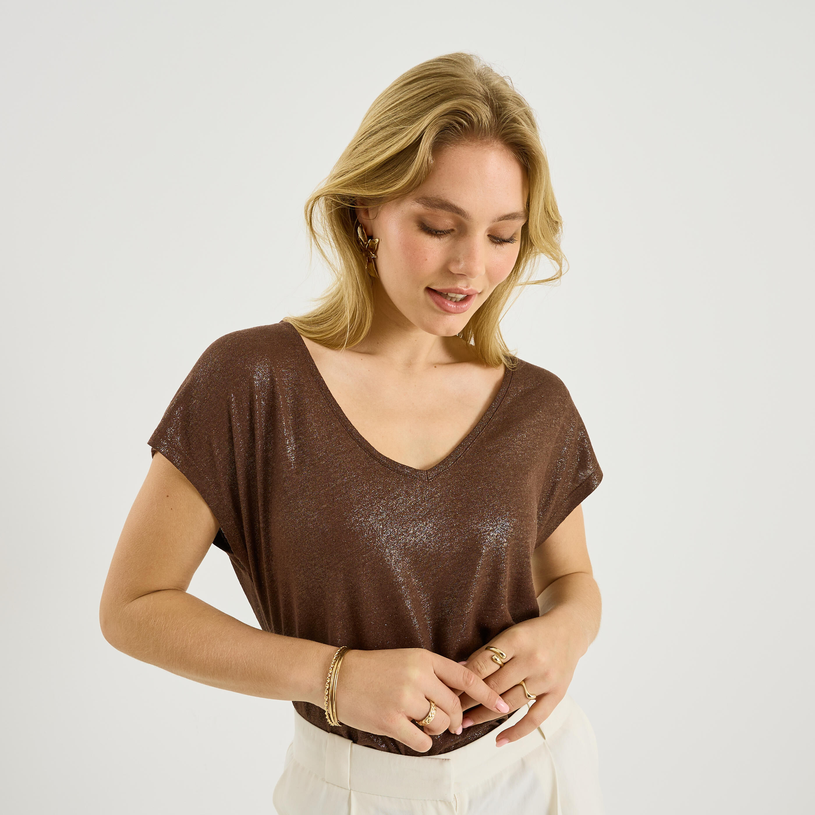 T-shirt en lin m&eacute;lang&eacute; brillant femme