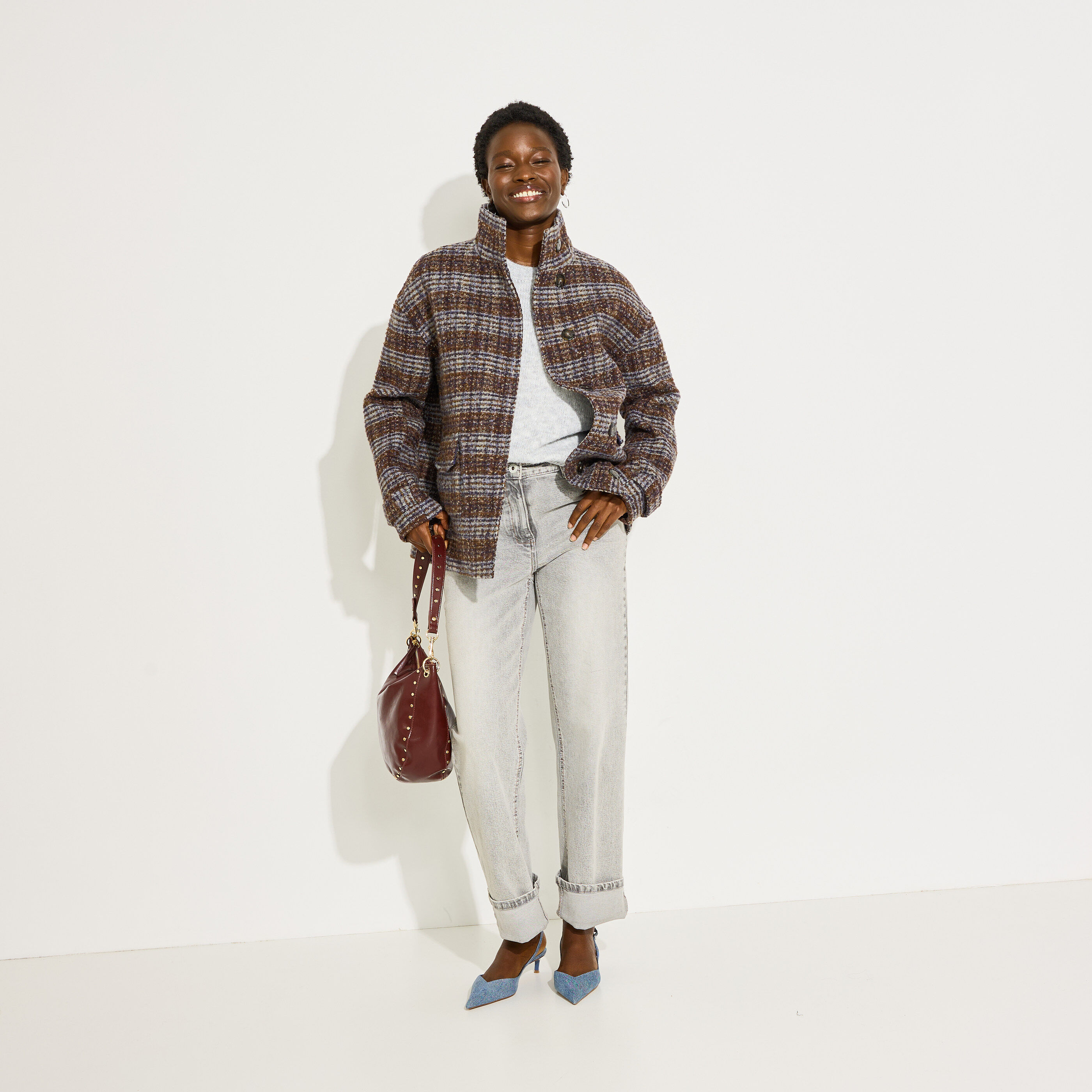 Manteau court &agrave; carreaux femme
