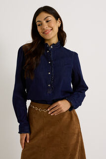 Blouse en denim à col volanté femme