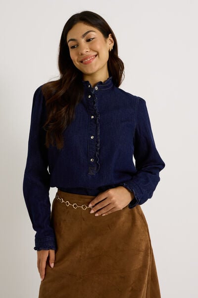 Blouse en denim à col volanté femme