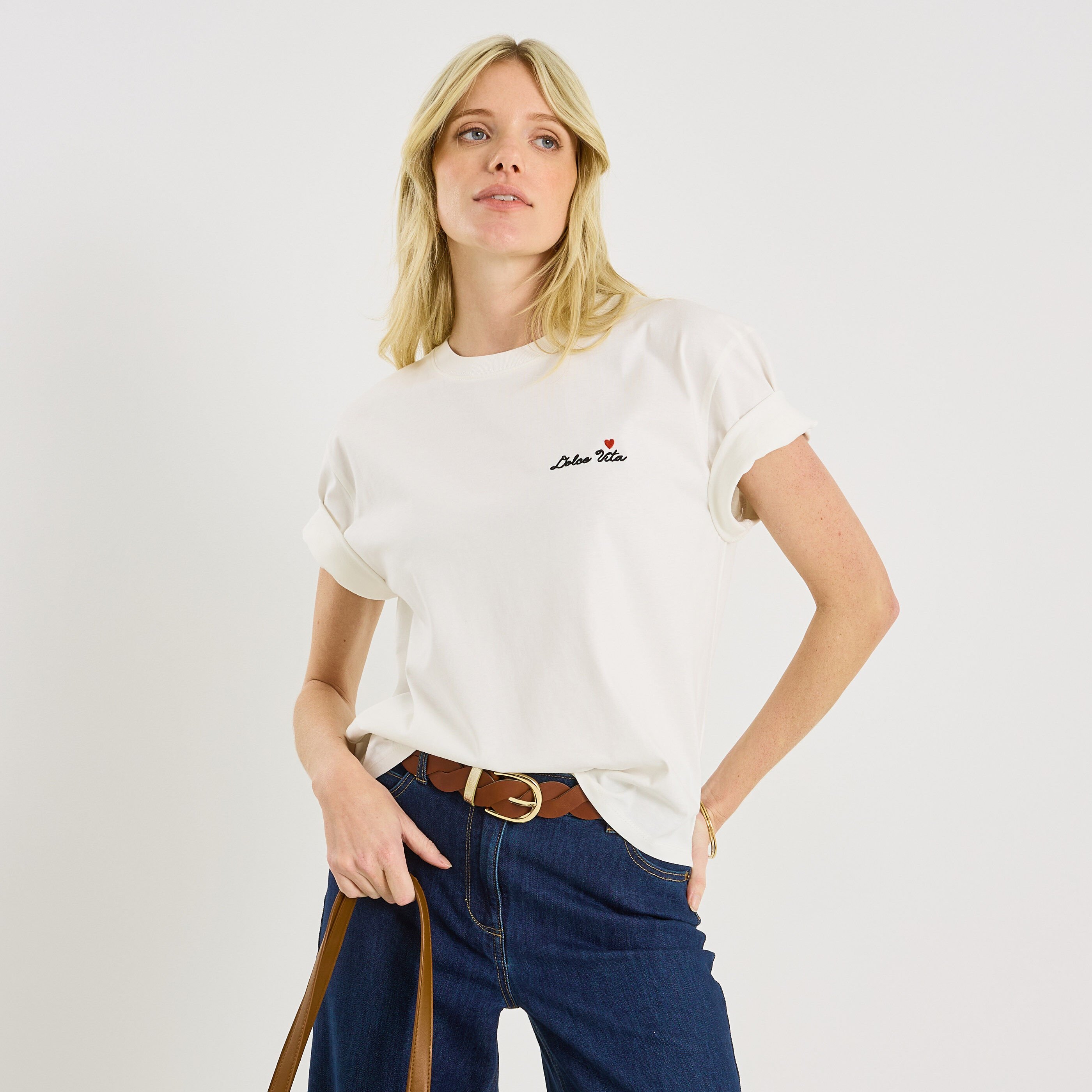 T-shirt col rond broderie femme