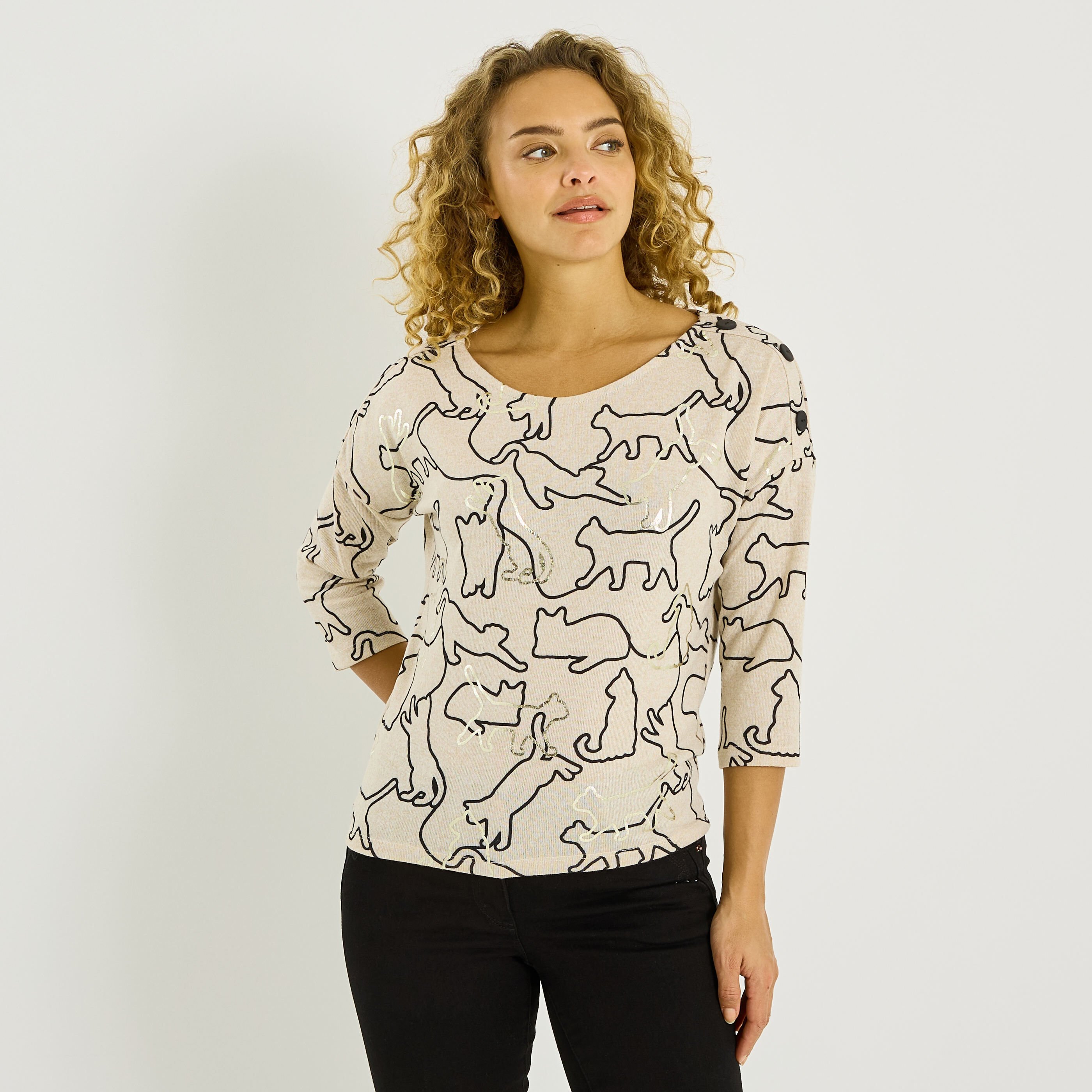T-shirt doudou imprim&eacute; chat femme