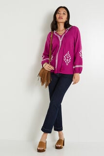 Blouse col V brodée femme