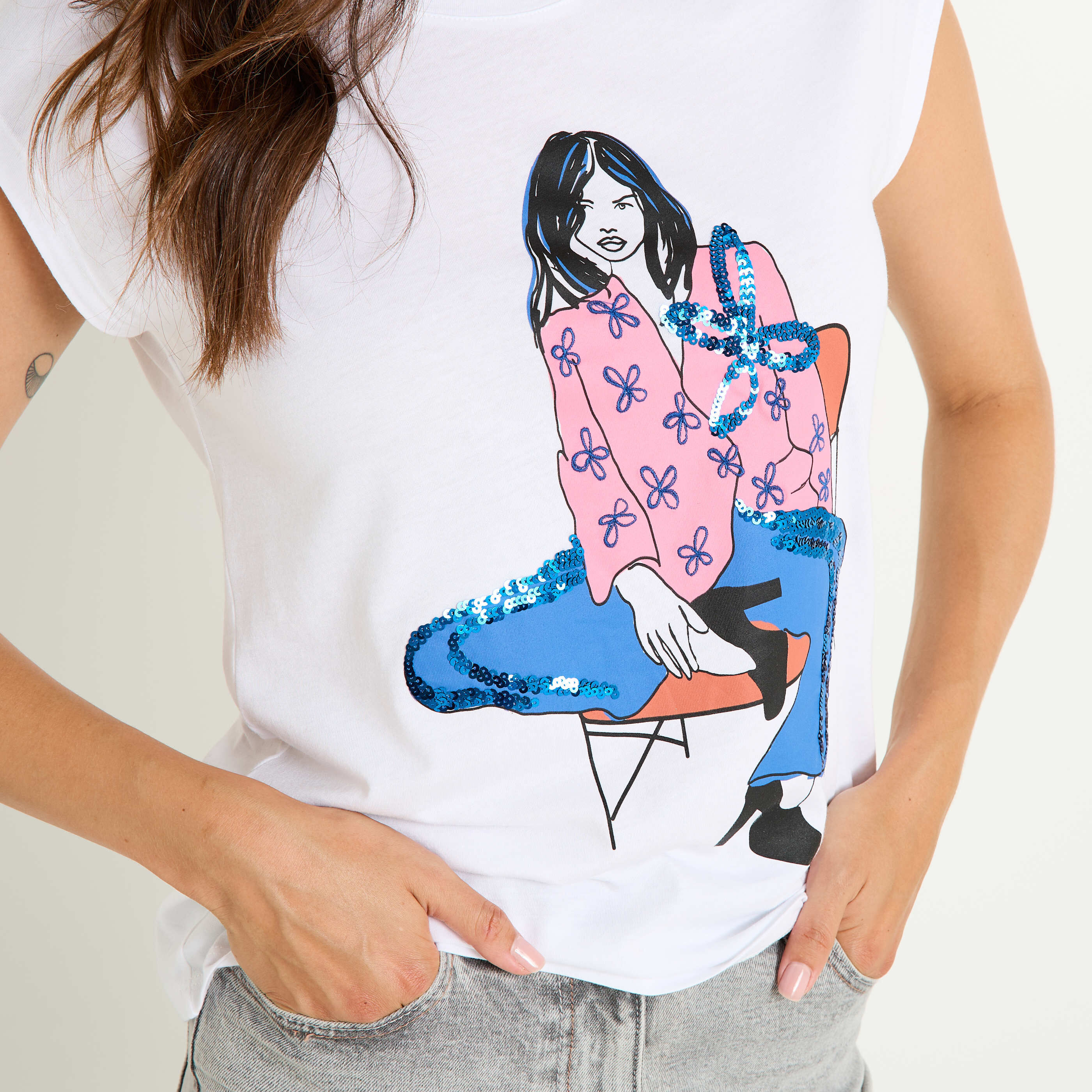 T-shirt imprim&eacute; &agrave; col rond femme