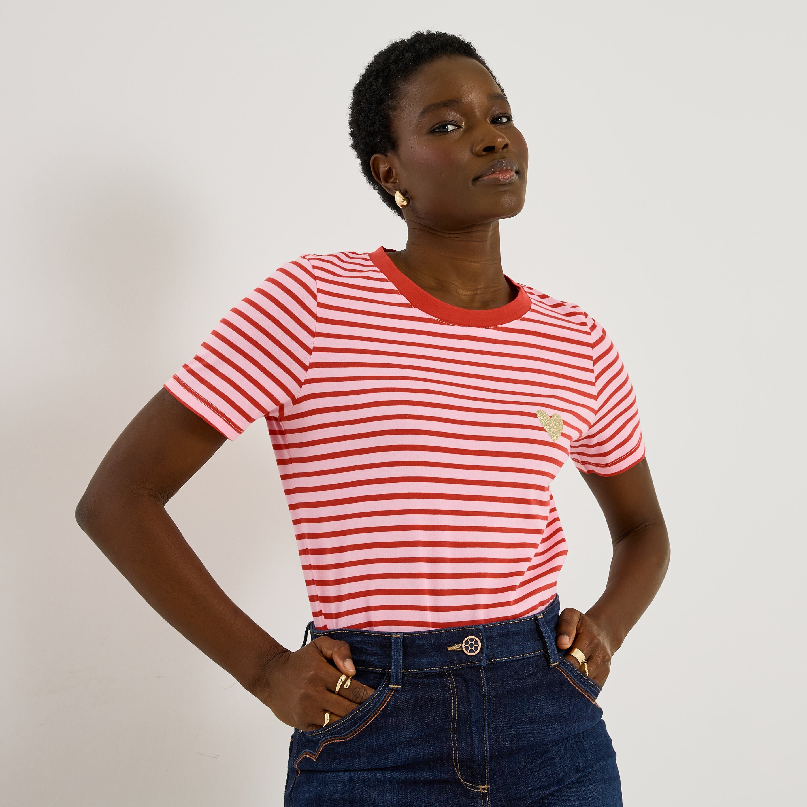 T-shirt col rond motif ray&eacute; femme