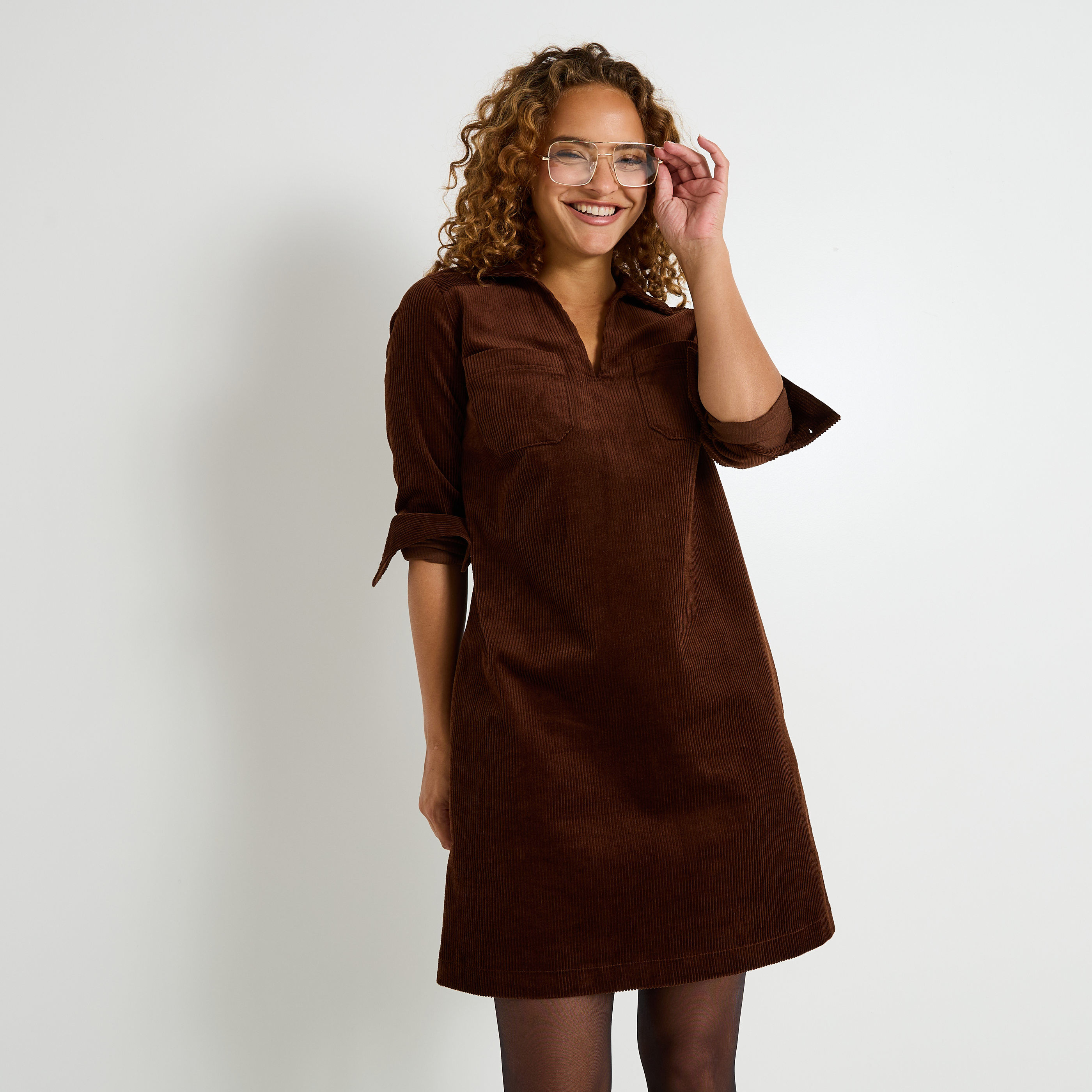 Robe velours col chemise