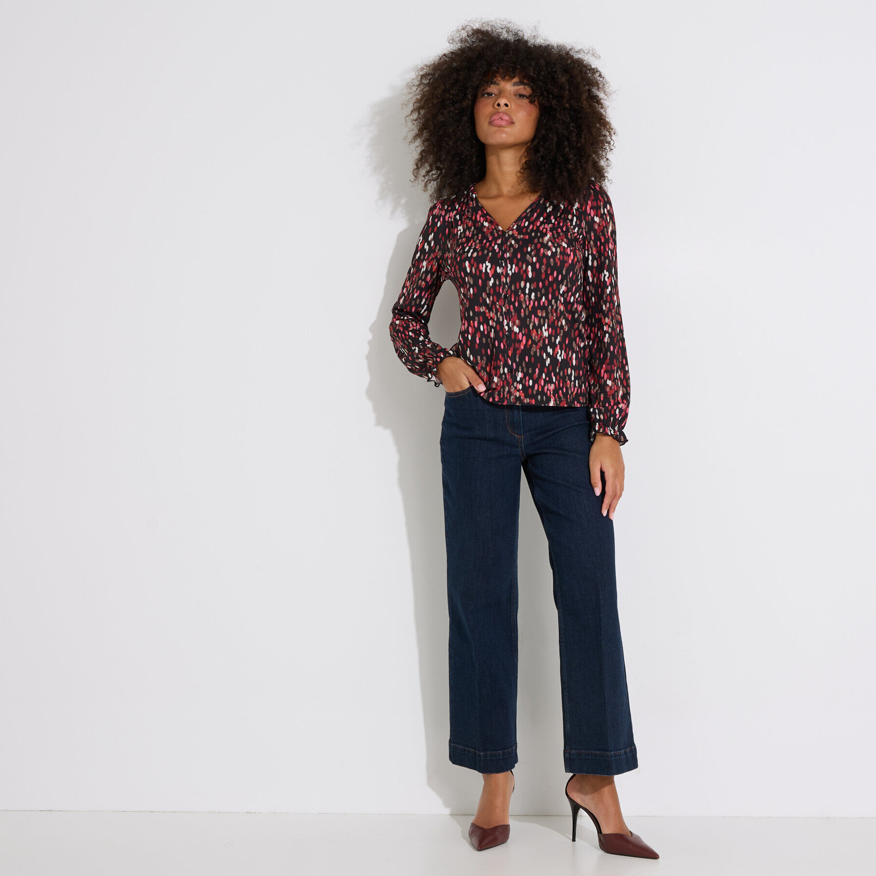 Blouse imprim&eacute; pois col V femme