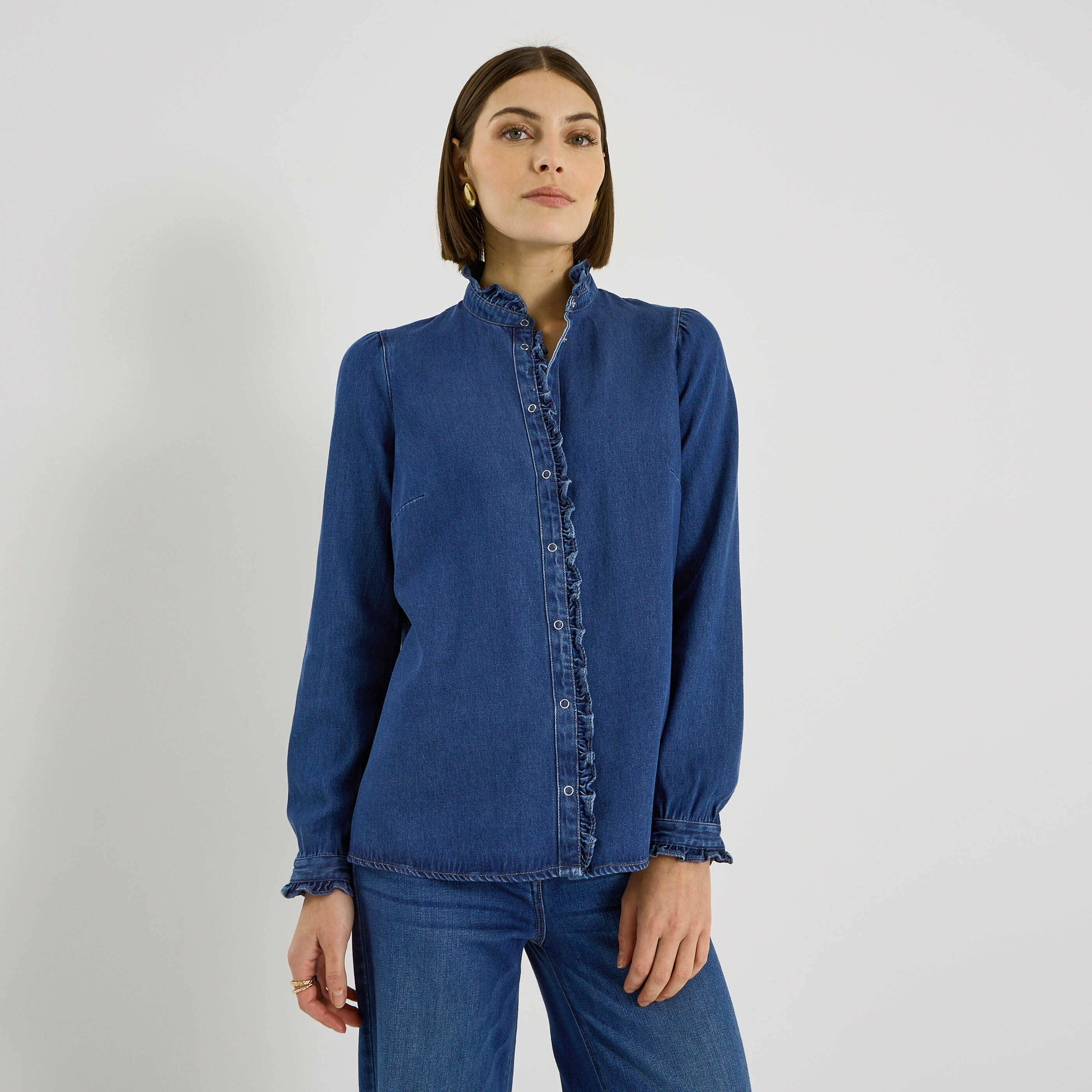 Chemise en denim &agrave; volants femme