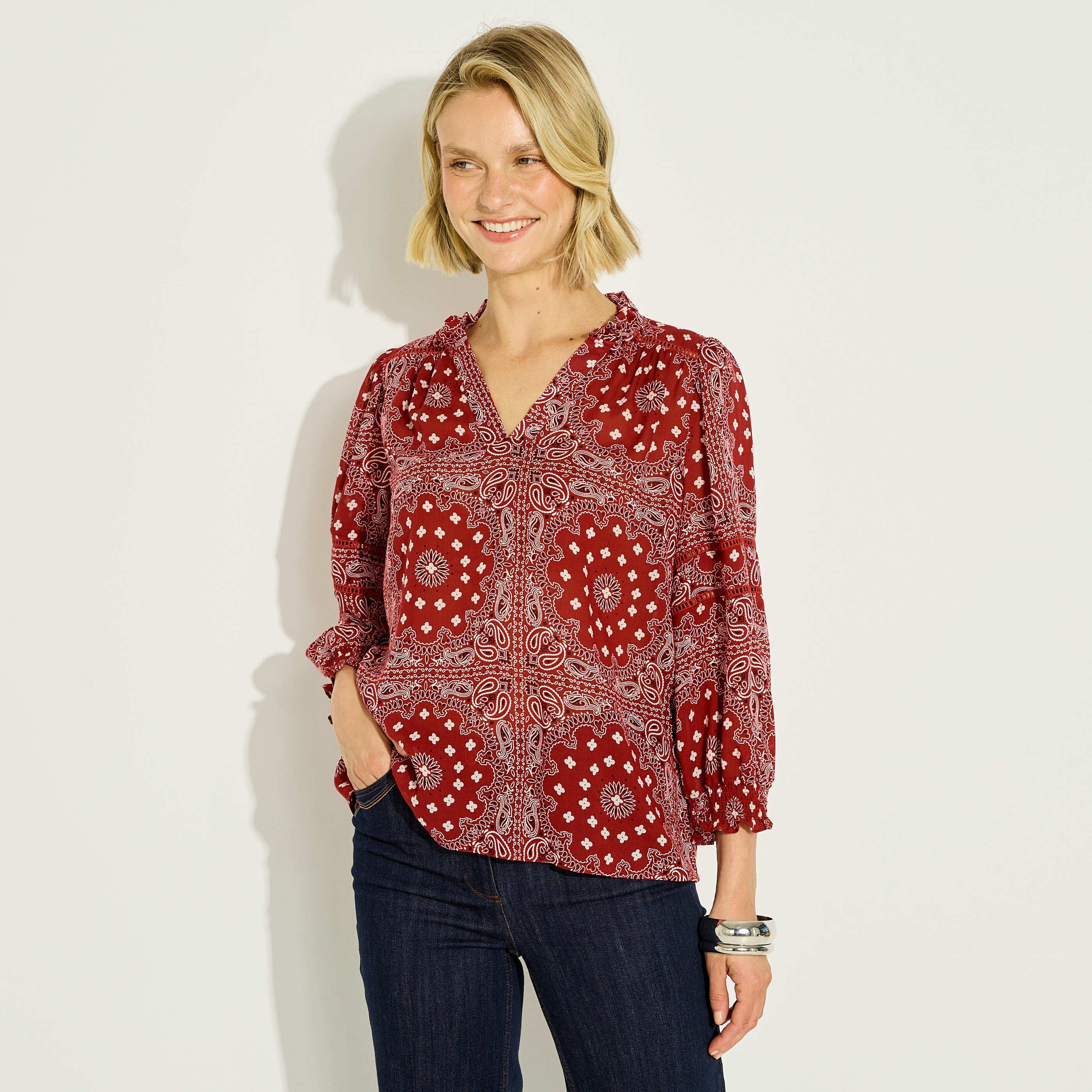 Blouse imprim&eacute; boh&egrave;me col V femme
