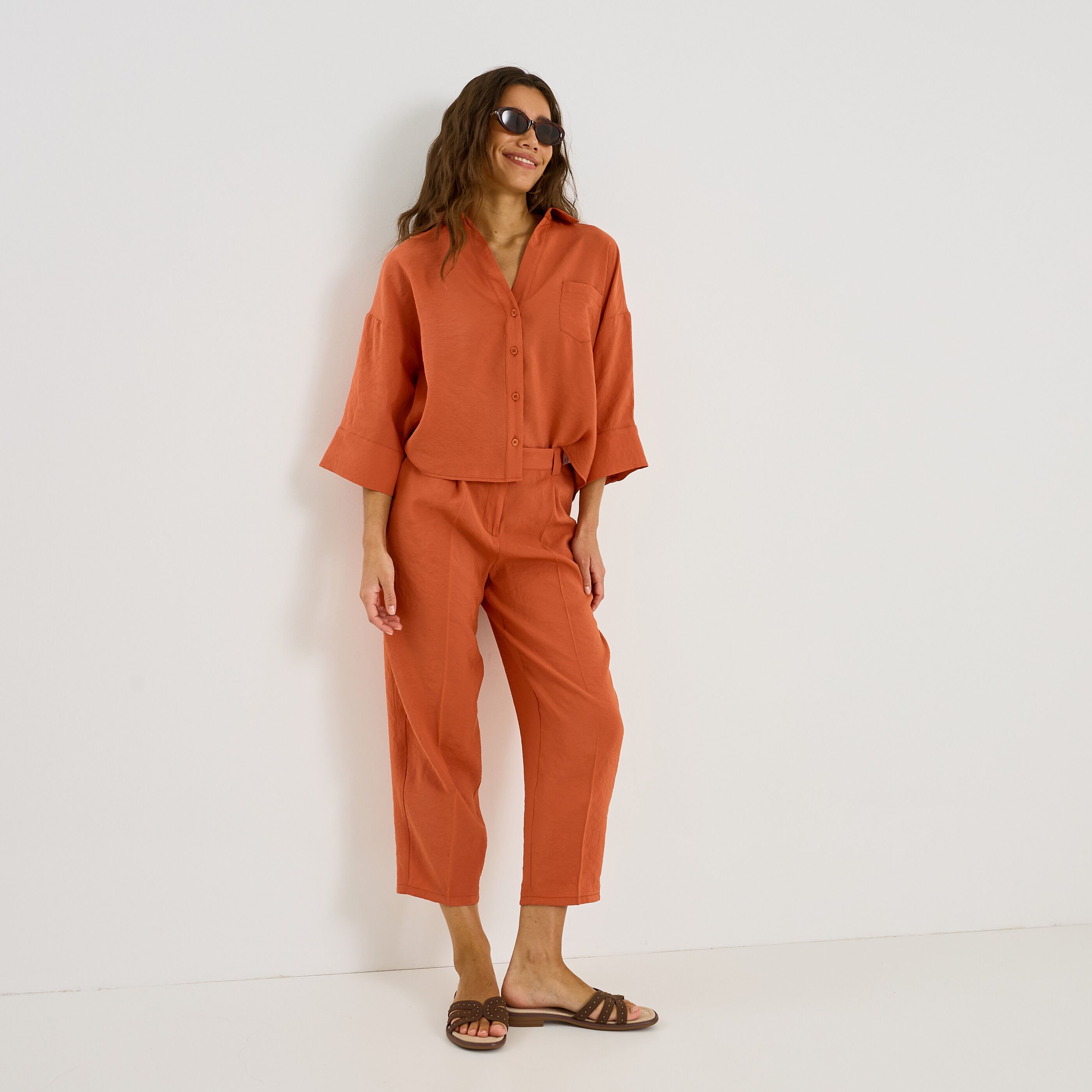 Chemise fluide unie &agrave; manches 3/4 femme