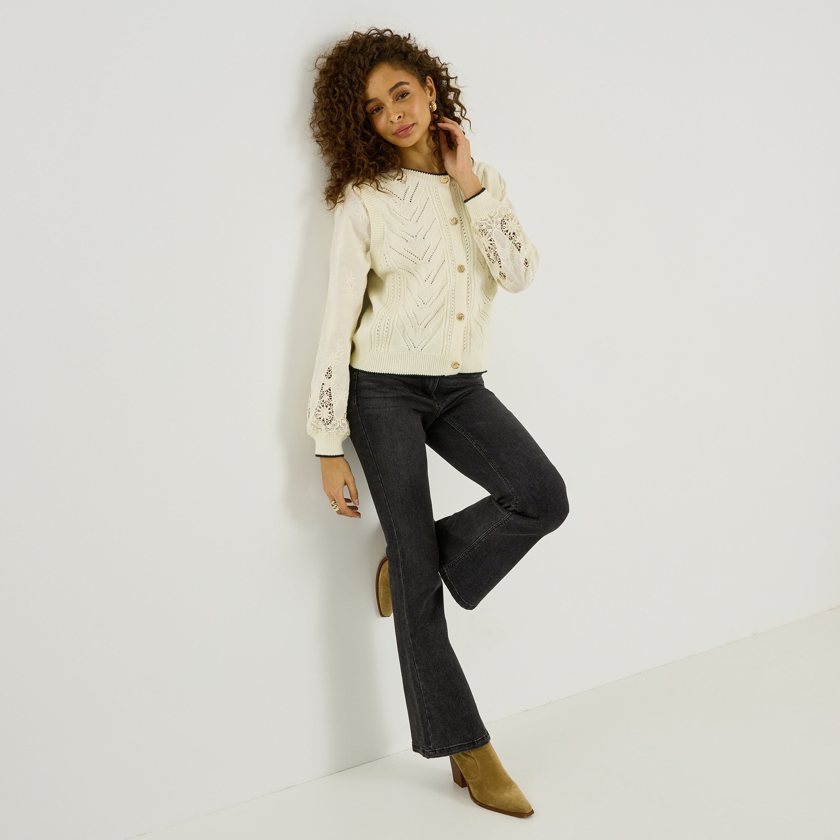 Gilet bi-mati&egrave;re &agrave; col rond femme