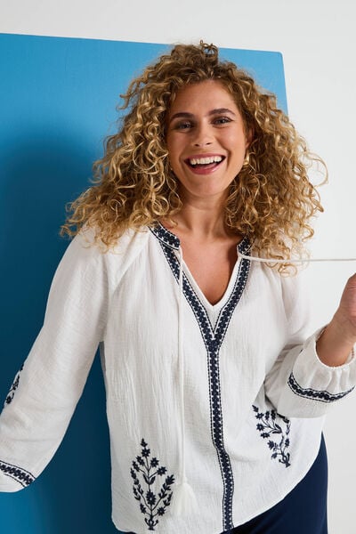 Blouse col V brodée femme