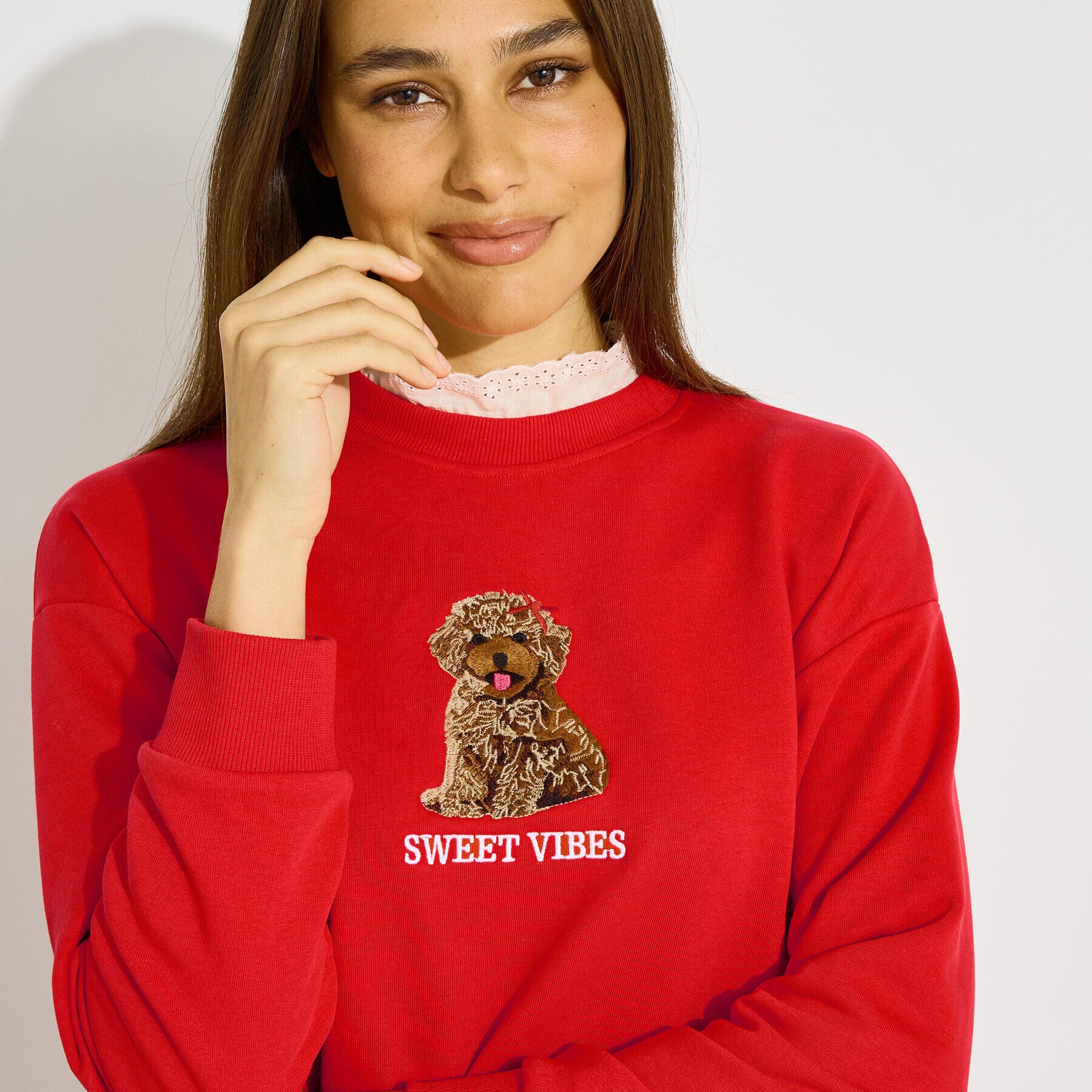 Sweat broderie chien col ajour&eacute; femme