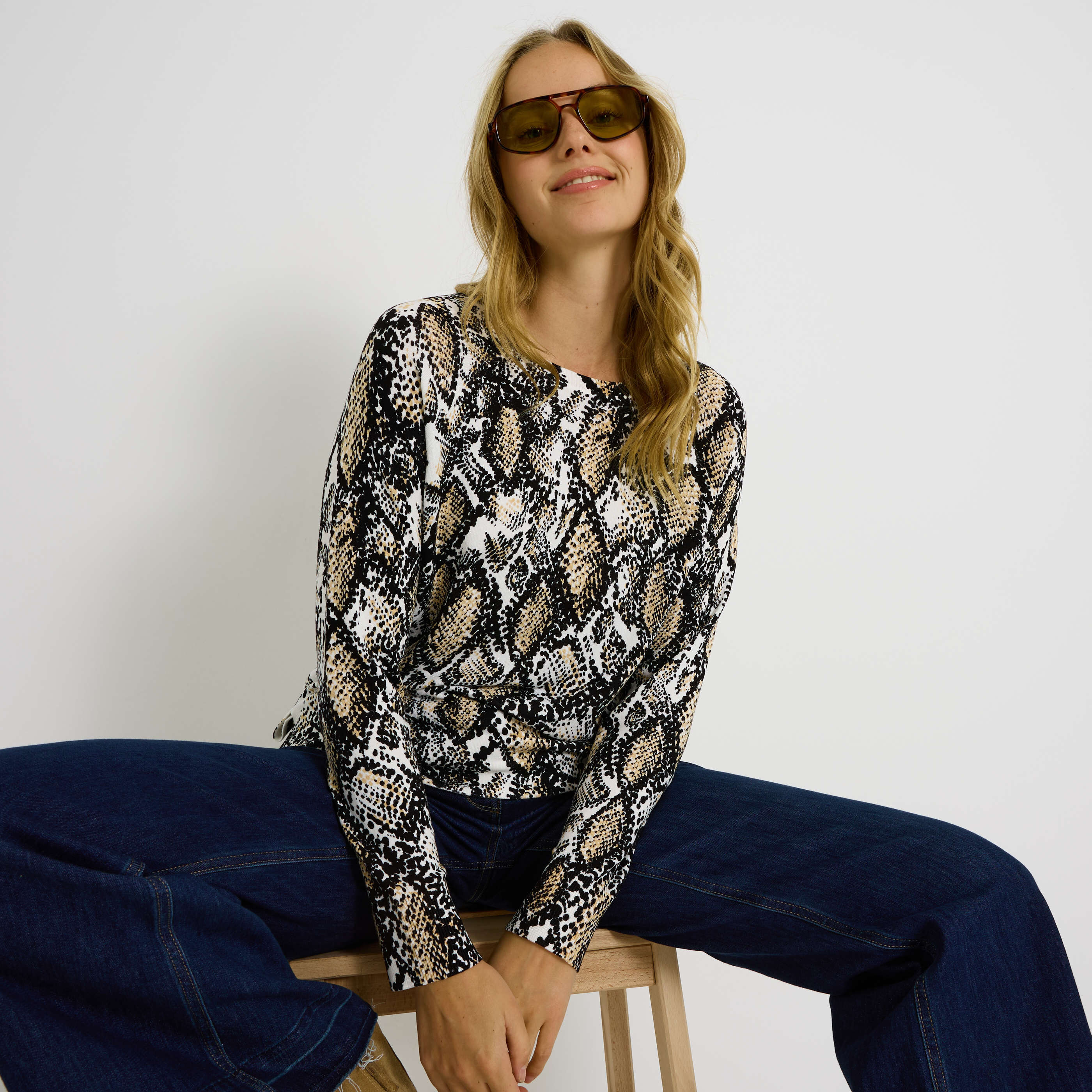 Pull col rond imprim&eacute; animal femme