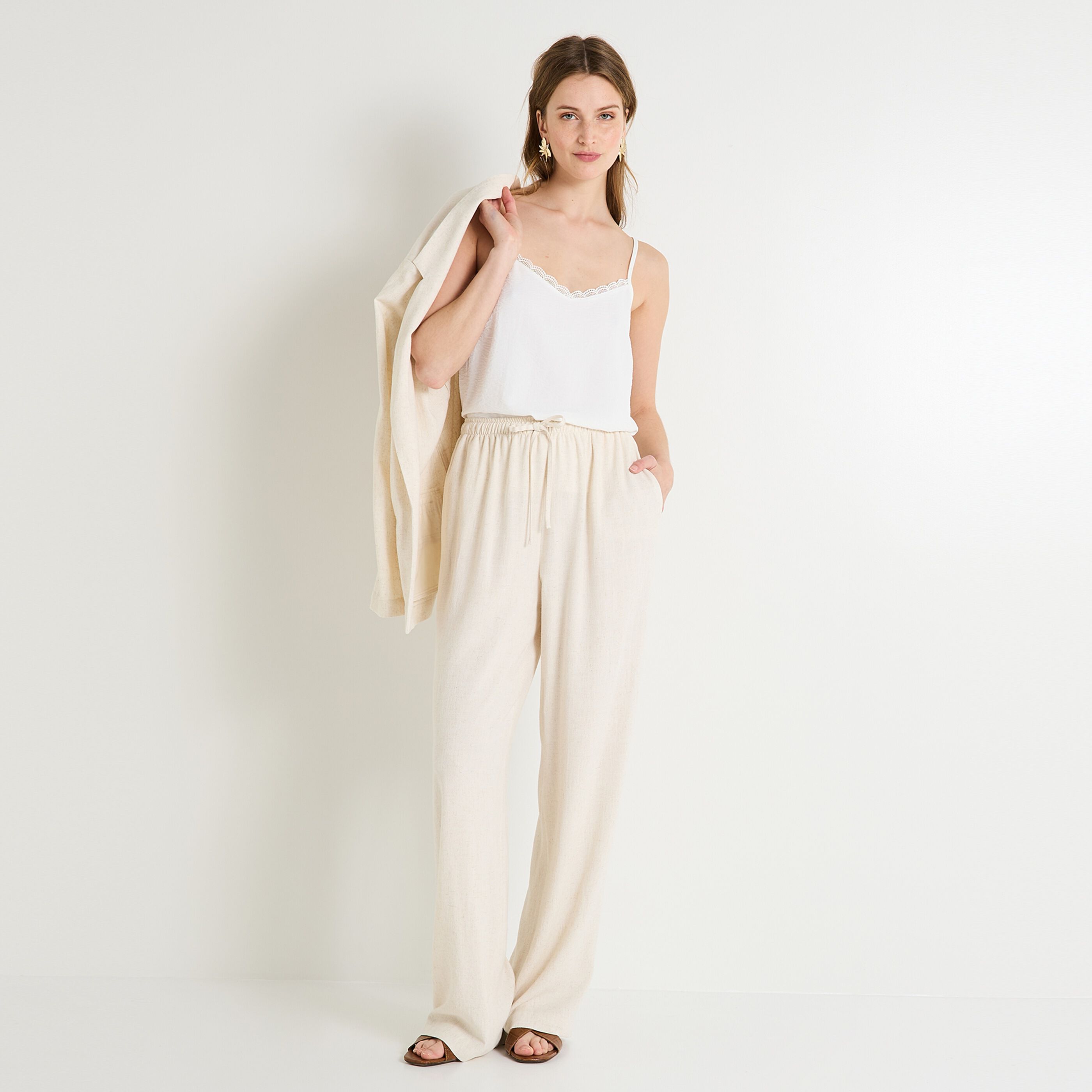 Pantalon large en lin m&eacute;lang&eacute; femme