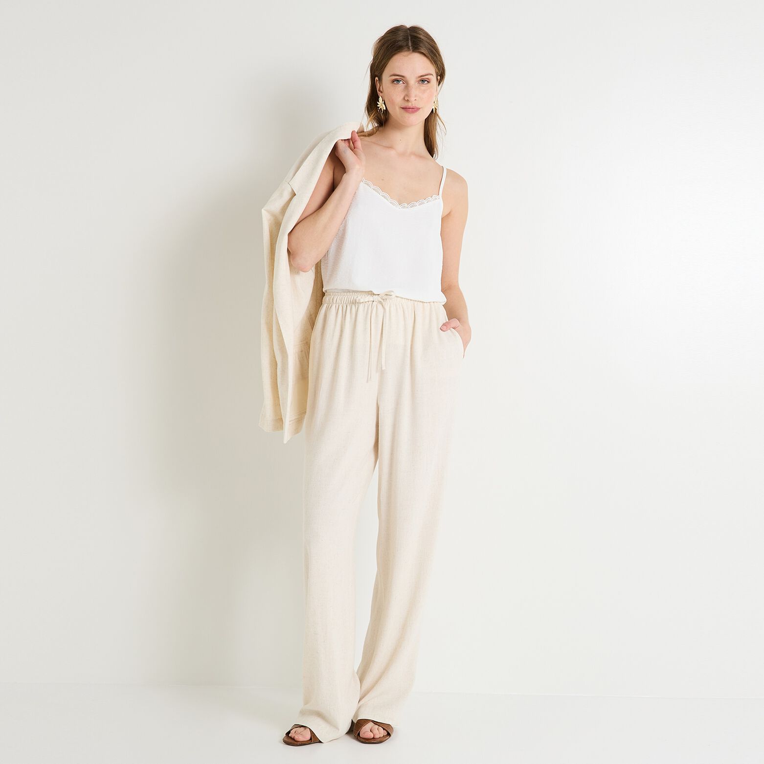 Pantalon large en lin mélangé femme