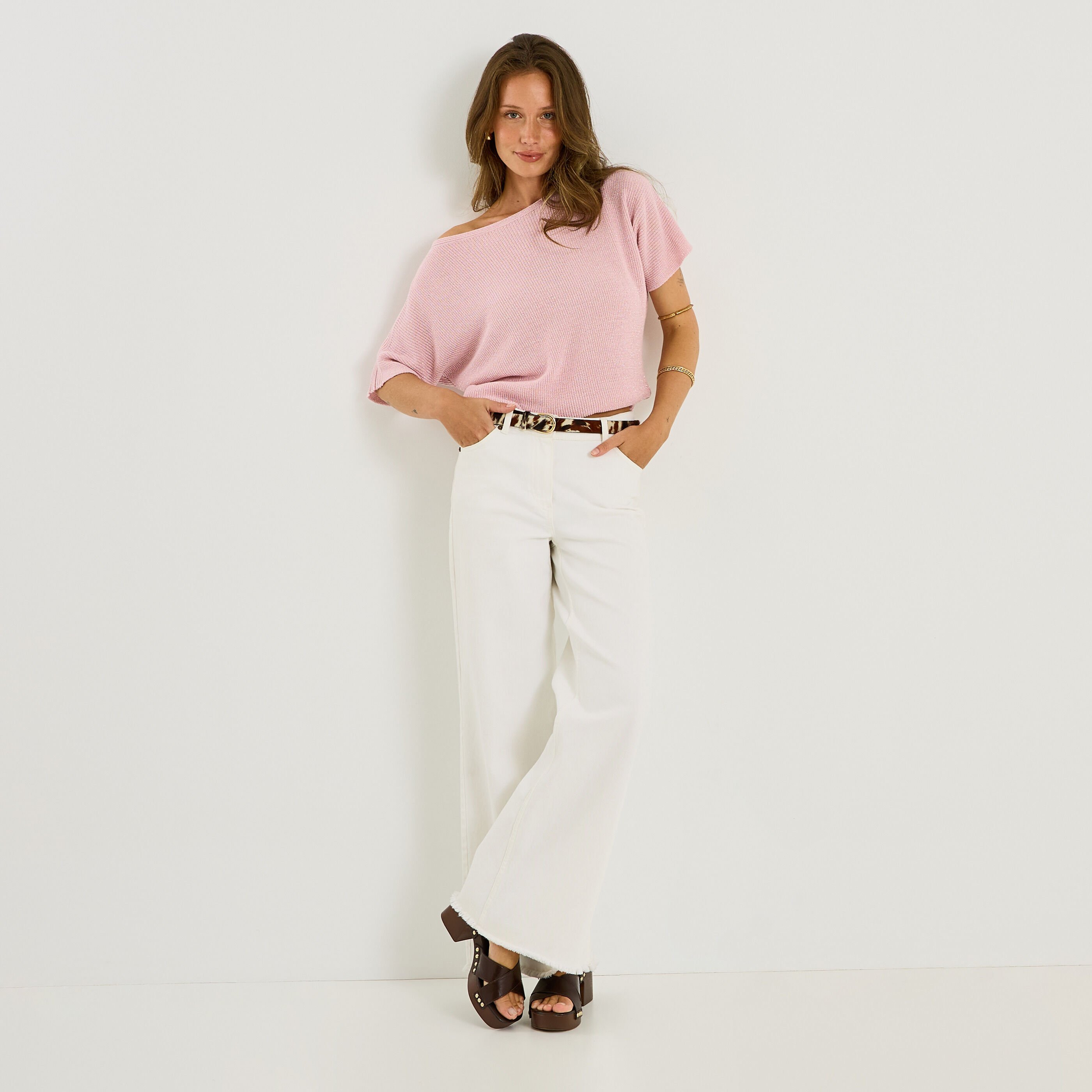 Pull manches courtes brillant femme