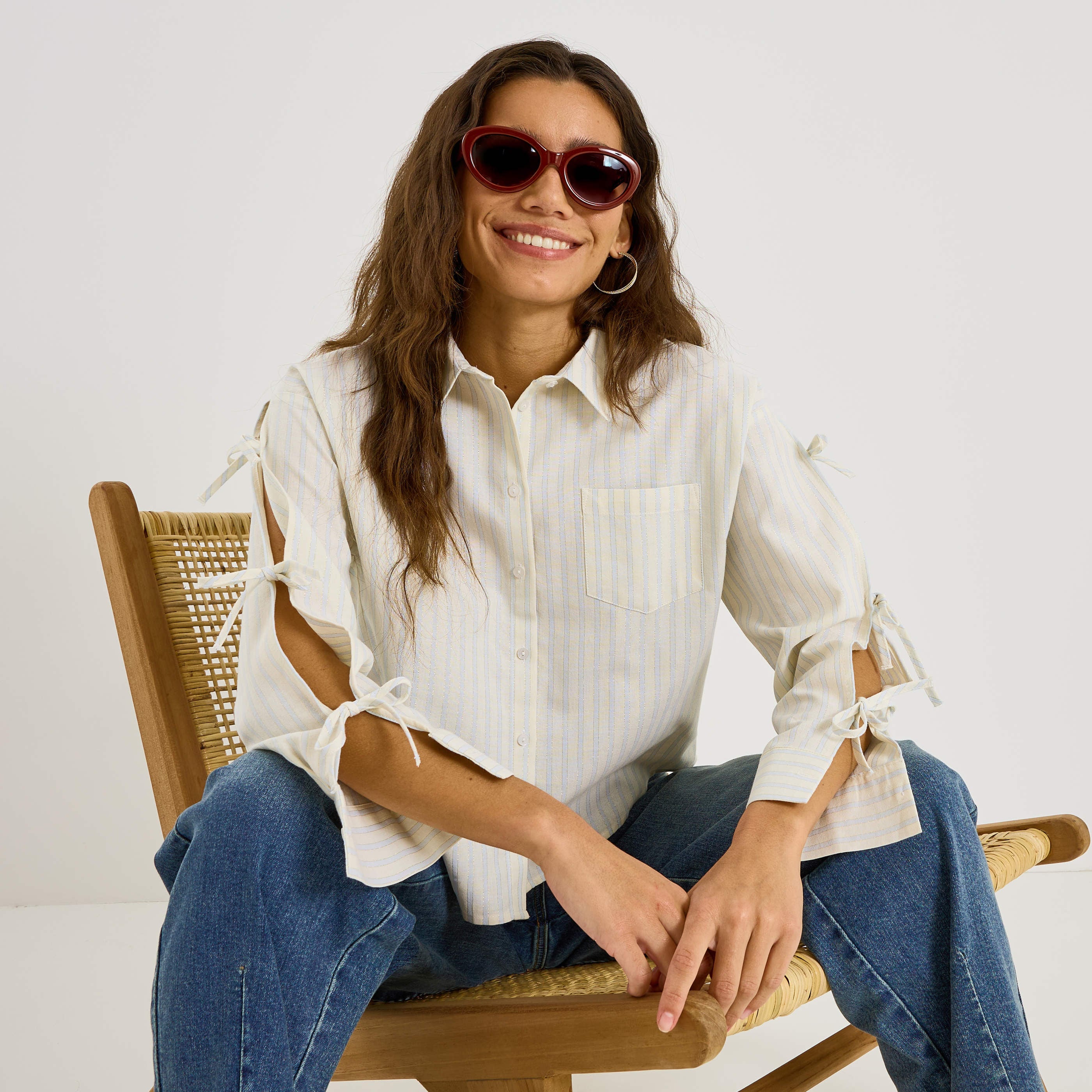 Chemise ray&eacute;e manches n&oelig;uds femme