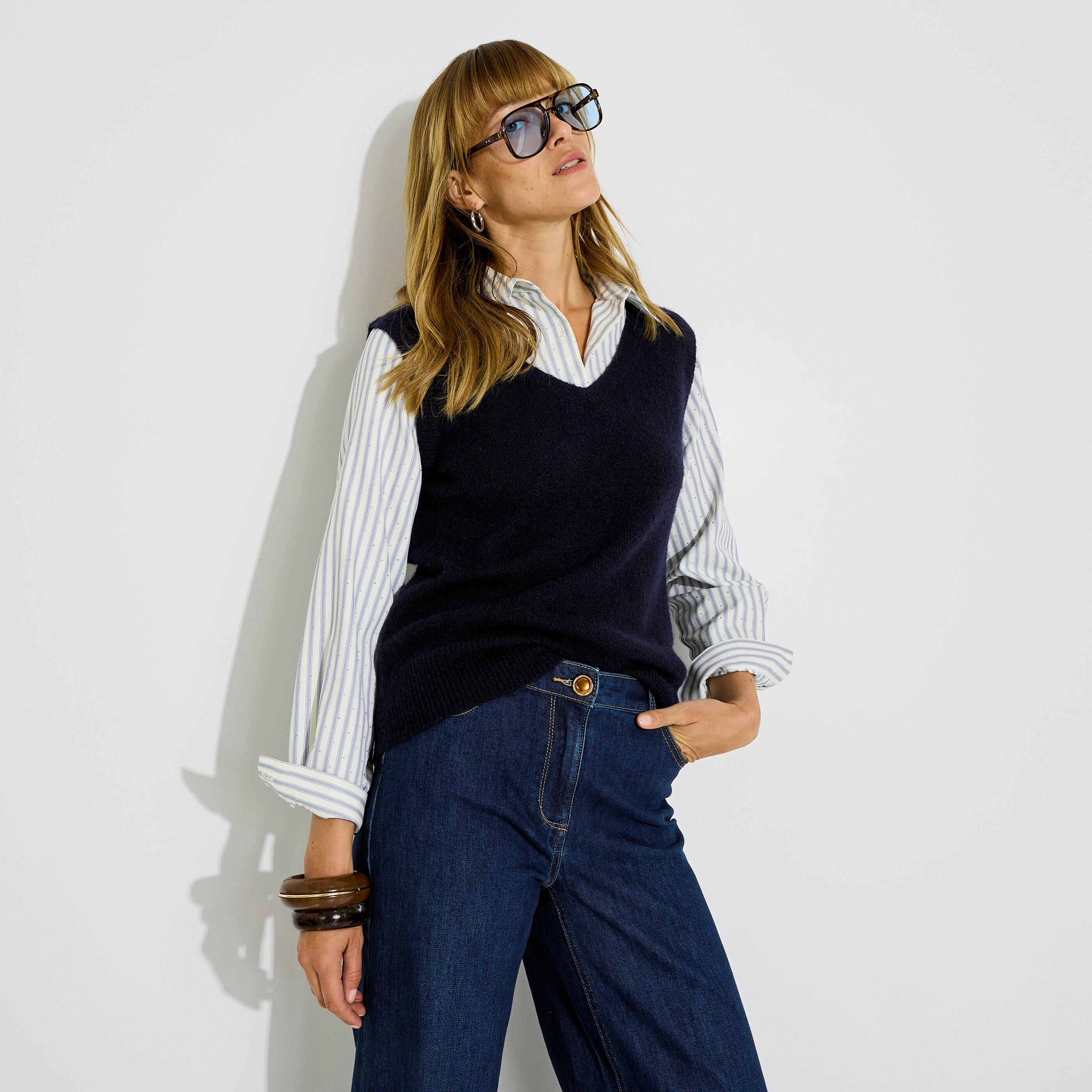Pull-chemise bi-mati&egrave;re pour femme