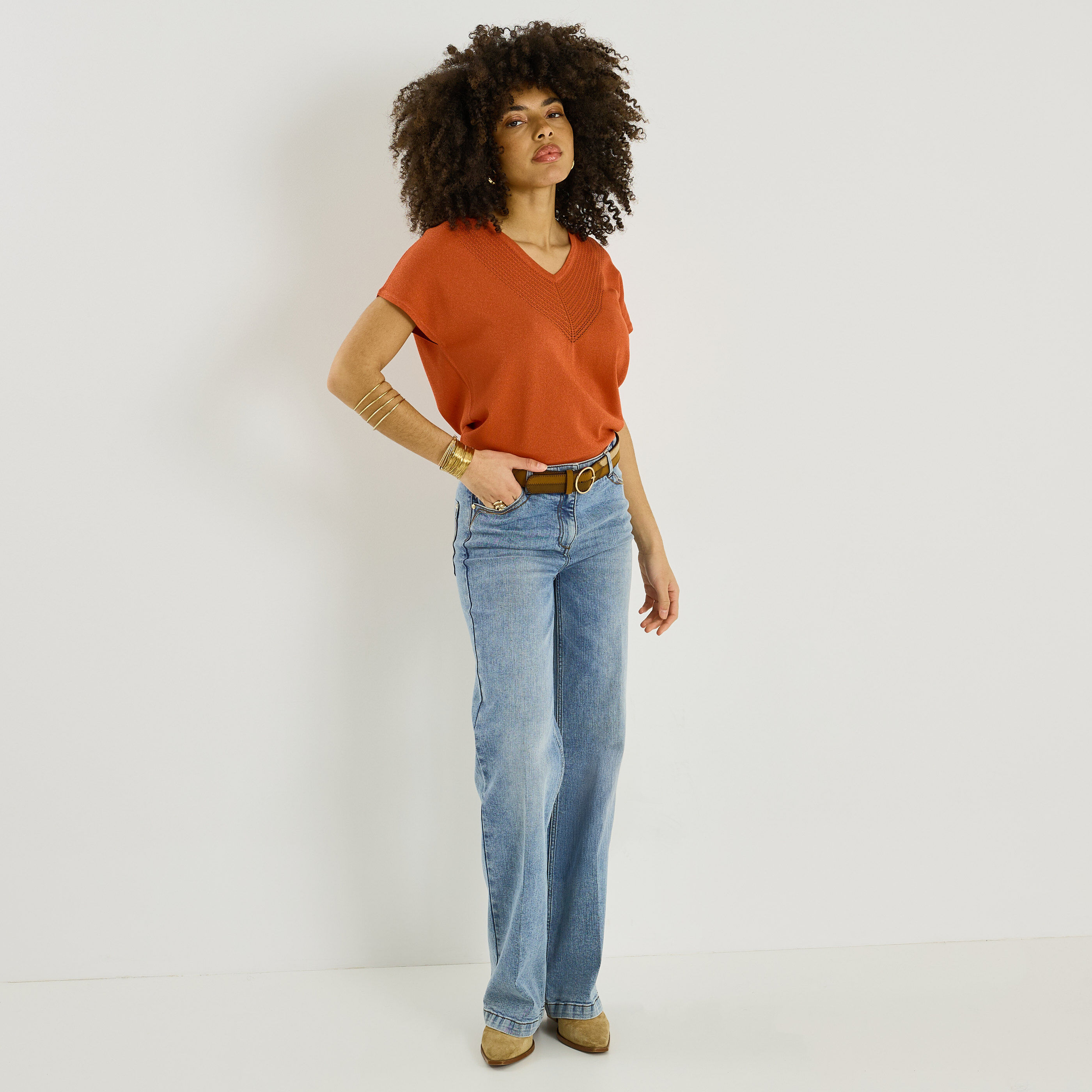 Pull brillant manches courtes femme