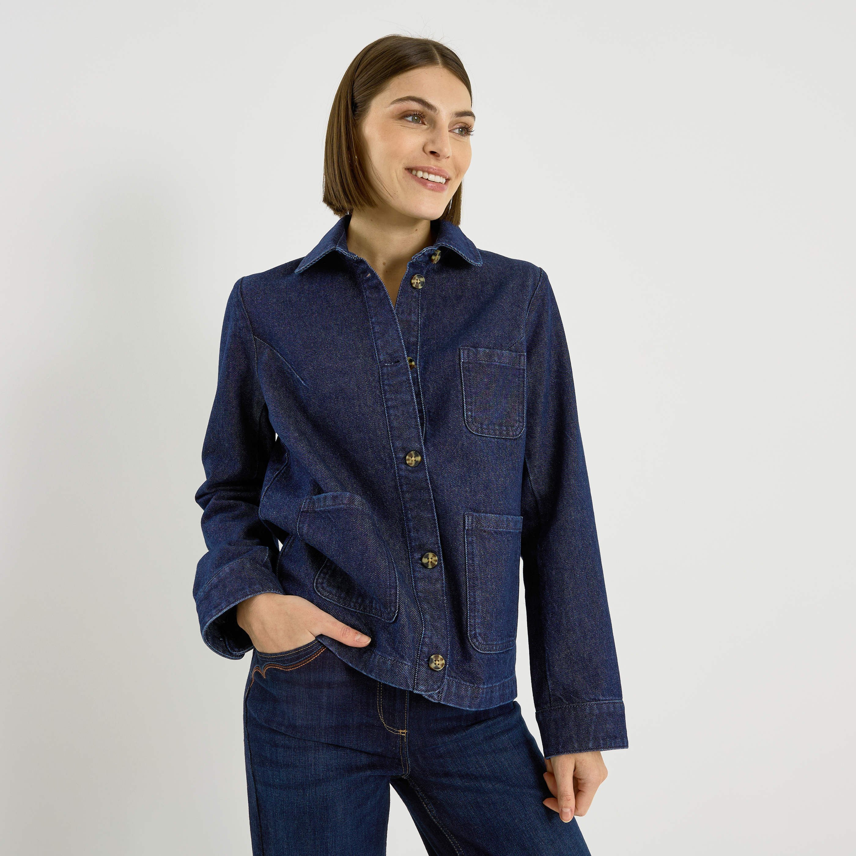Veste col chemise en denim femme