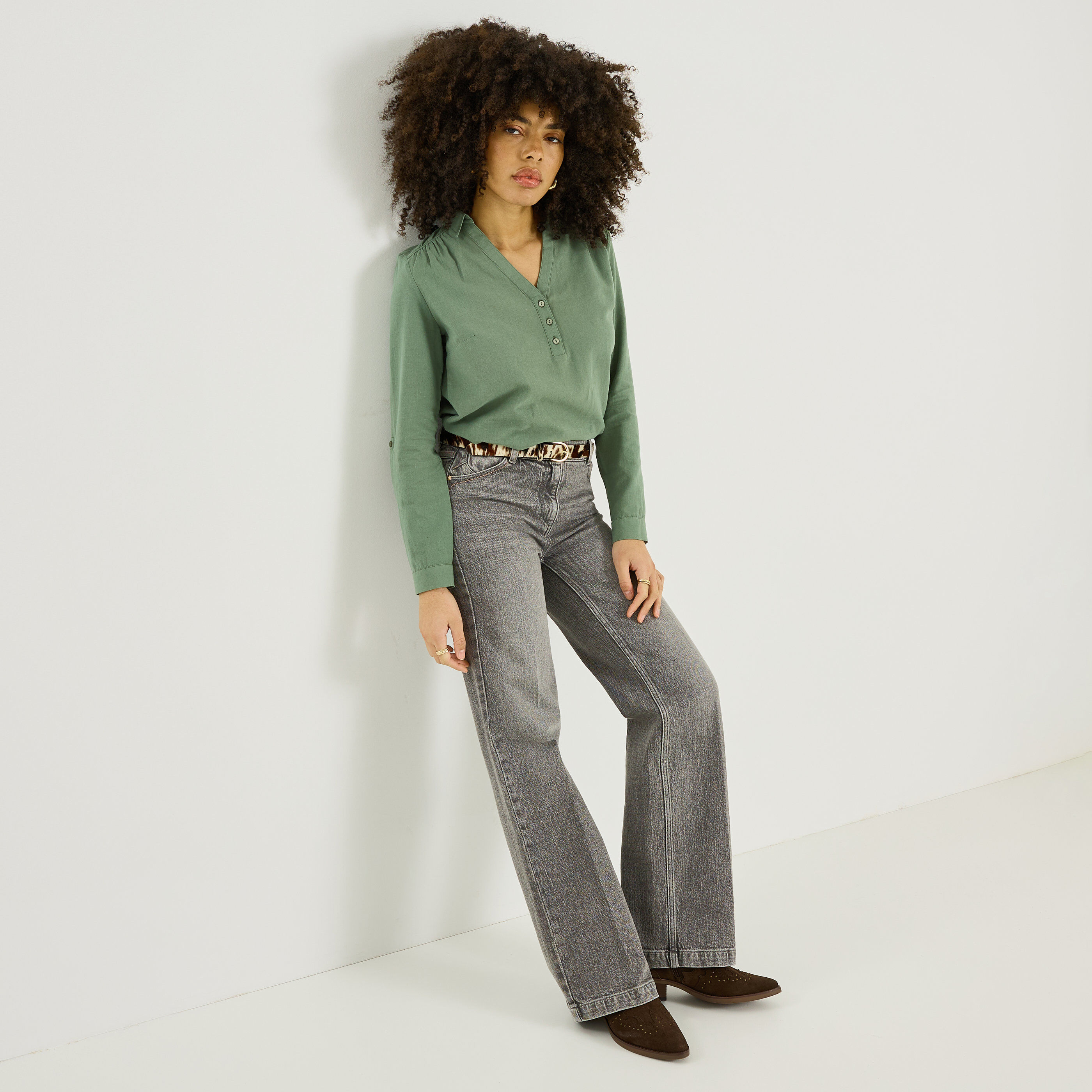 Vareuse unie en lin m&eacute;lang&eacute; femme