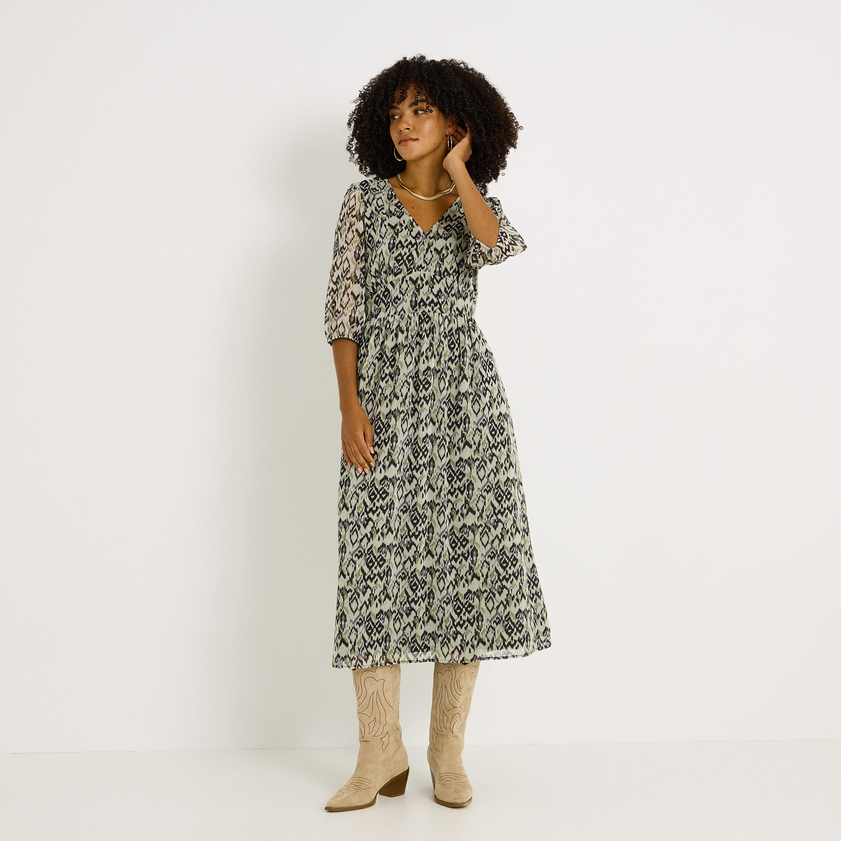 Robe longue imprim&eacute;e col V 